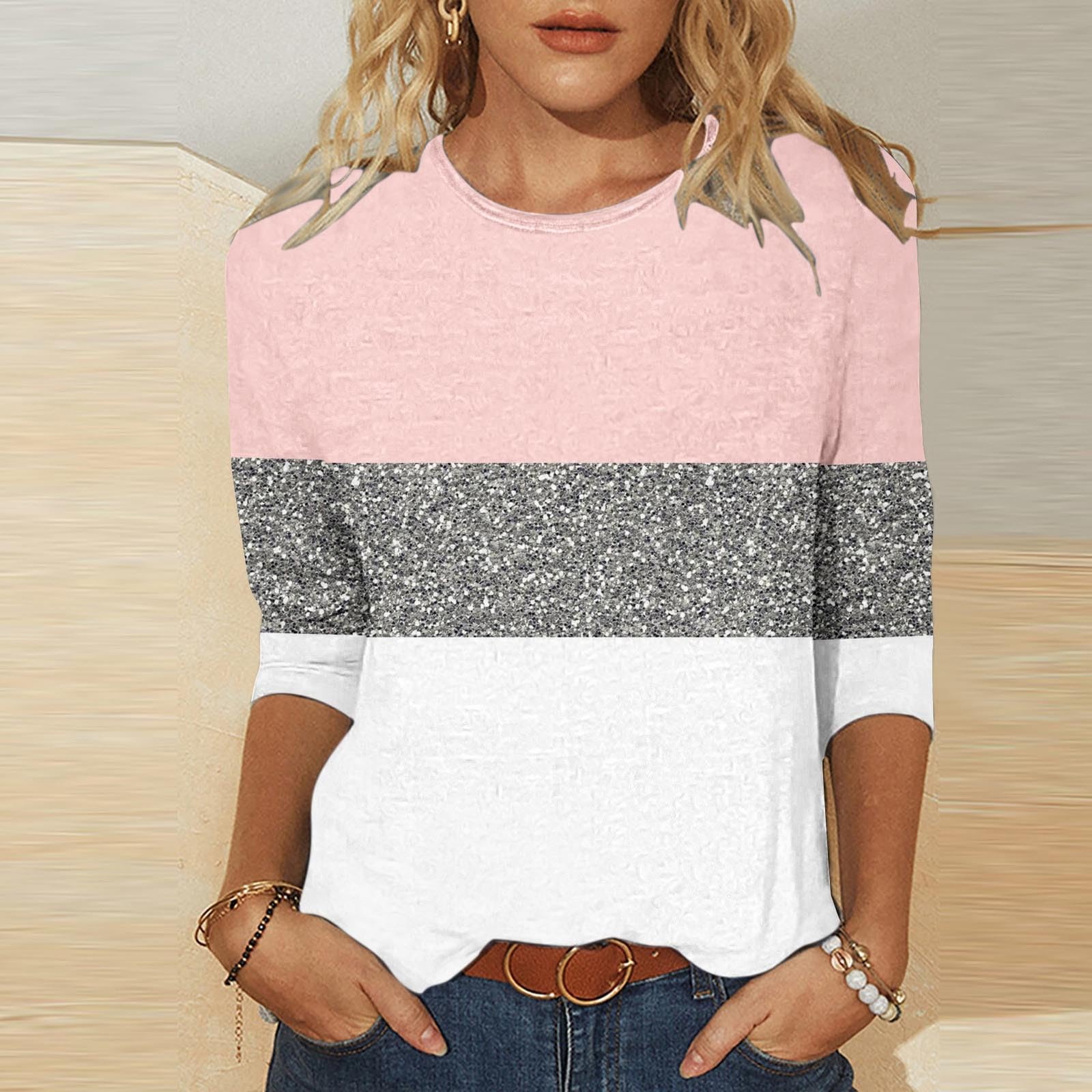 Women's Crew Neck 3/4 Sleeve Tee Shirt Lightweight Color Block Patchwork Pullover Tops Casual Trendy Sparkle Blouse Pink
