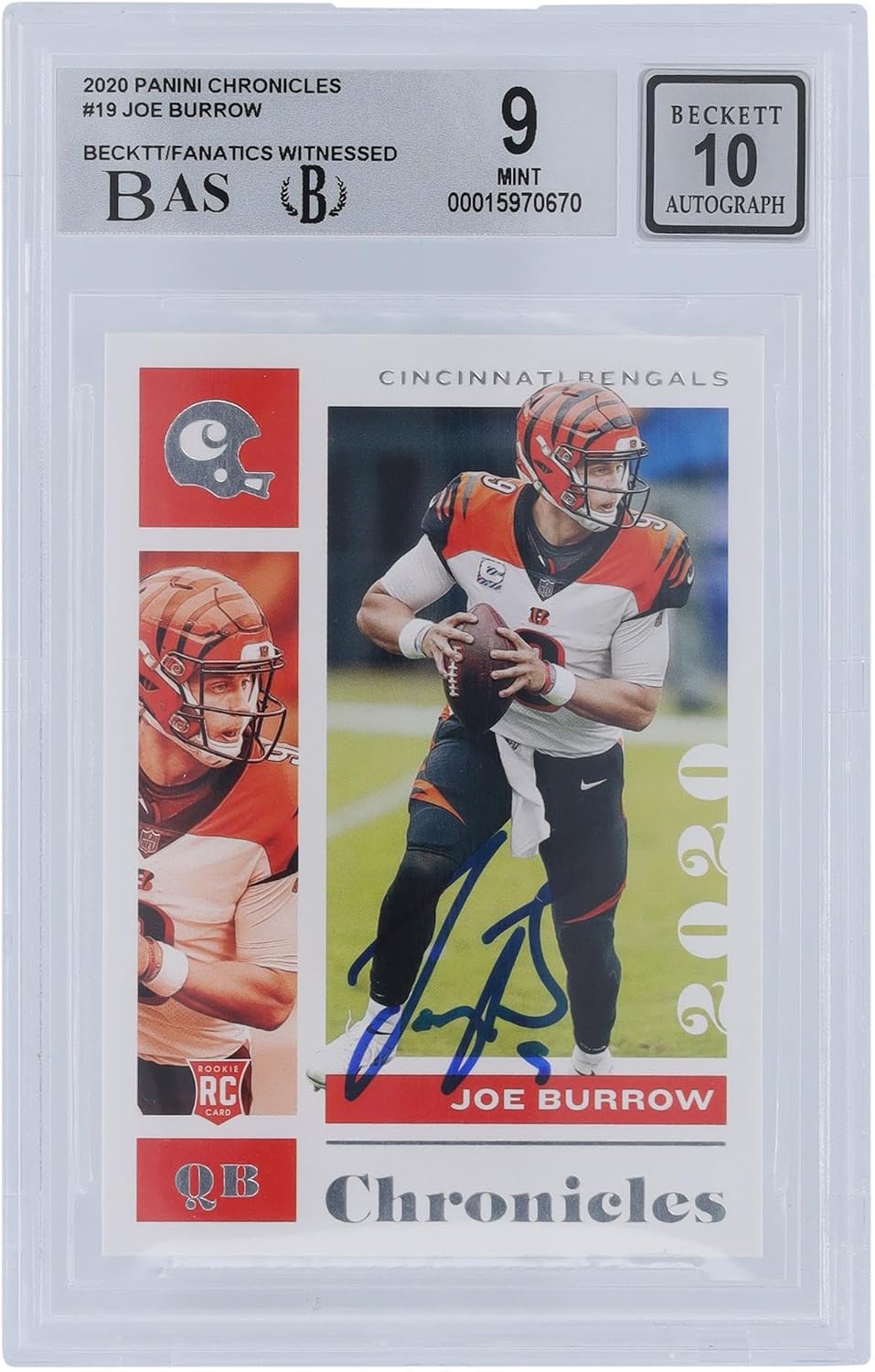 Joe Burrow Cincinnati Bengals Autographed 2020 Panini Chronicles #19 Beckett Fanatics Witnessed Authenticated 9/10 Rookie Card - 9.5,9,9,9 Subgrades - Football Slabbed Autographed Rookie Cards