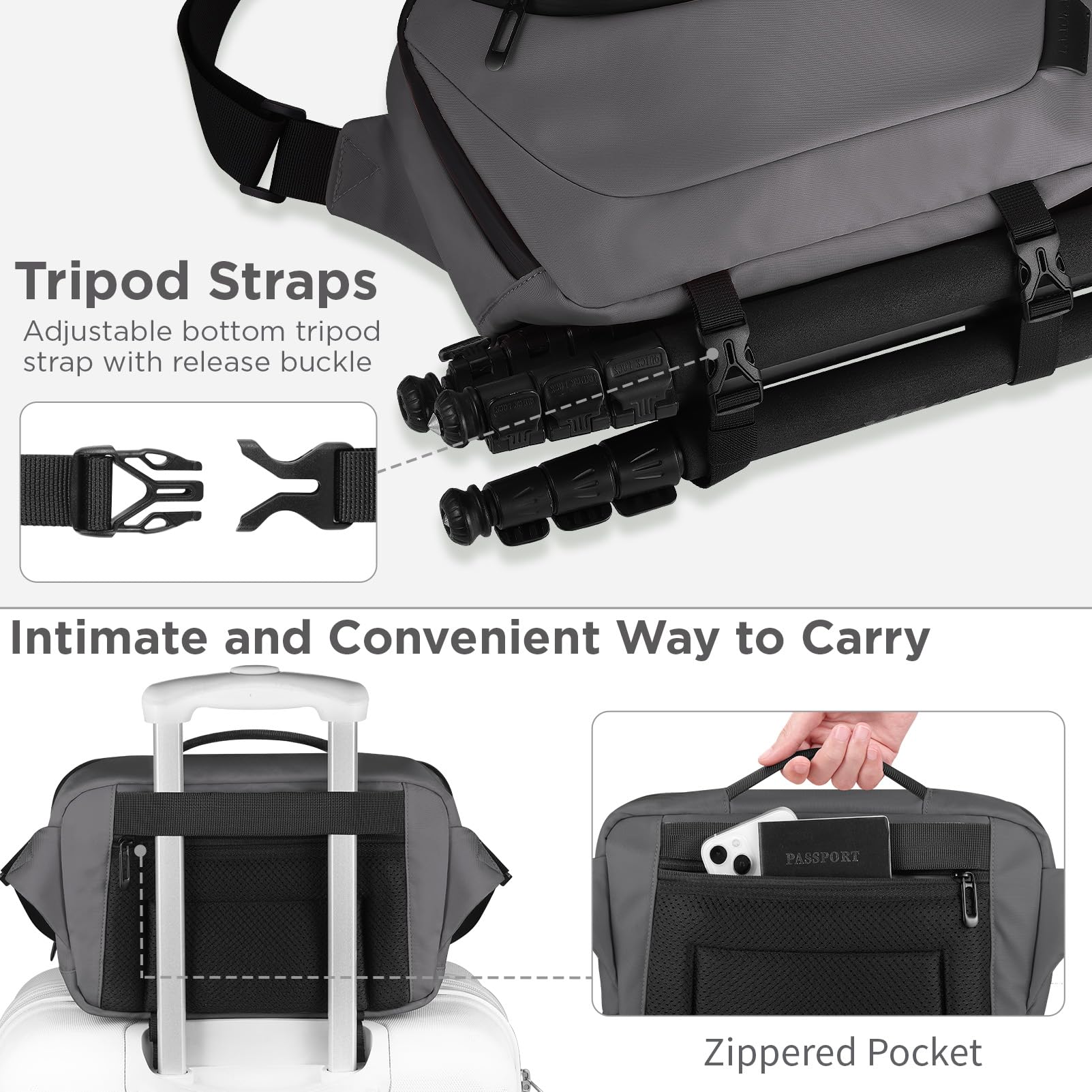 TAAOKA Sac à bandoulière étanche pour appareil photo avec support pour trépied, DSLR/SLR/Mirrorless Petit sac à bandoulière pour photographes (gris)