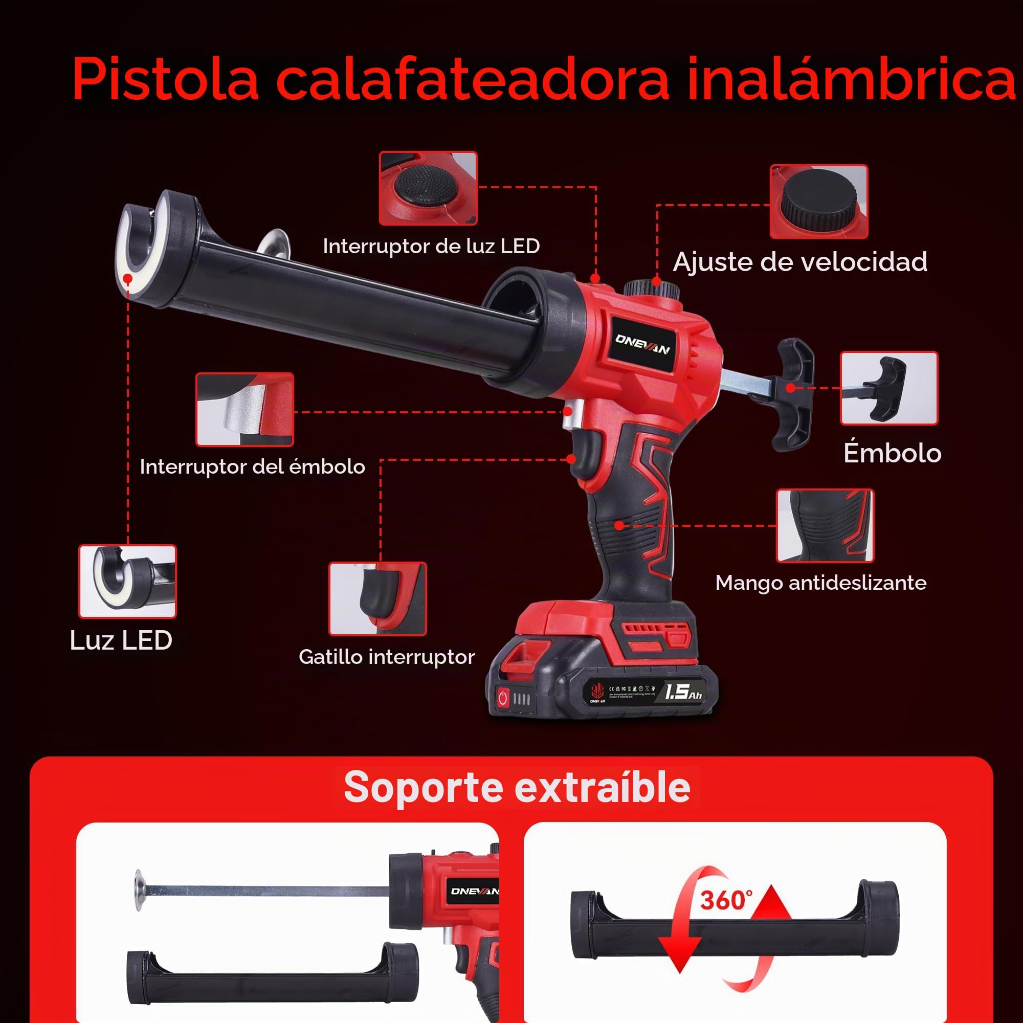 ONEVAN Pistola para Cartuchos Inalámbrica 300ml Brushless 2x1,5Ah | 300ml Capacidad, 300kg Fuerza, Velocidad variable, Cargador rápido, Luz LED brillante, Para ventanas y juntas