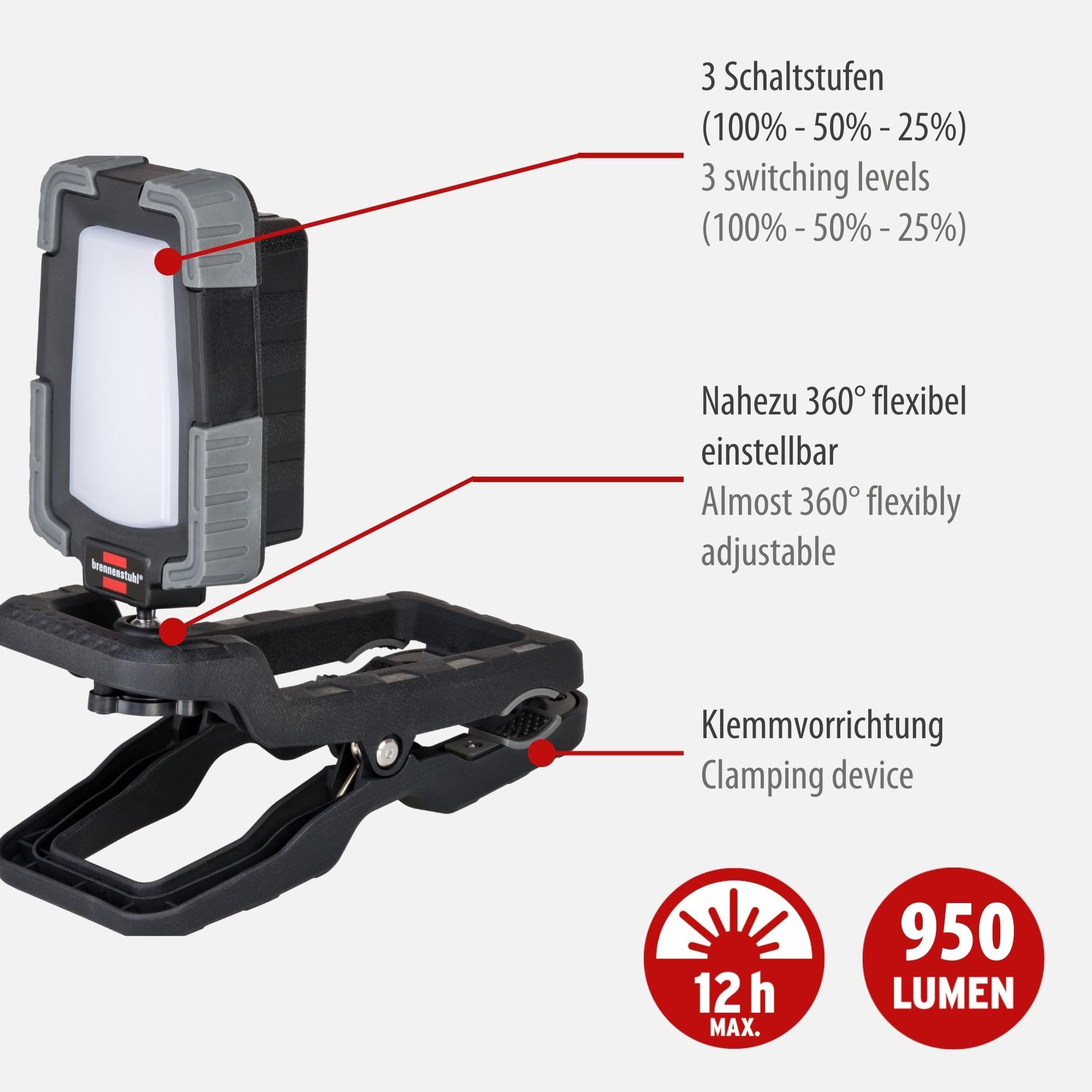 Brennenstuhl klemmbarer LED Arbeitsstrahler CL 1050 MA (10W, 950lm, IP65, Akku LED Arbeitsleuchte mit Neigungswinkel, USB, Powerbank, Engineered in Germany)