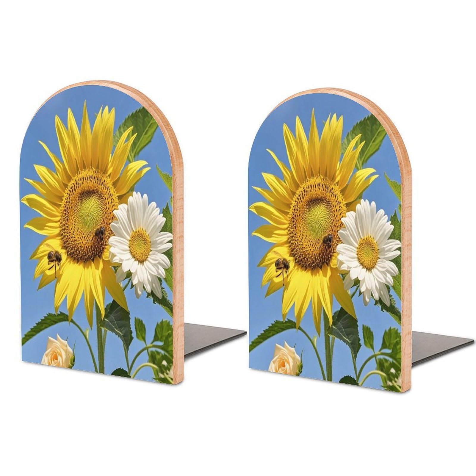 Bees Sunflowers Daisy Rose Flowers Book Ends Wood Non-Skid Bookend for Shelves Heavy Duty Bookends with Metal Base Decorative Books Stopper Desk Organizers Book Dividers for Office Home 1 Pair