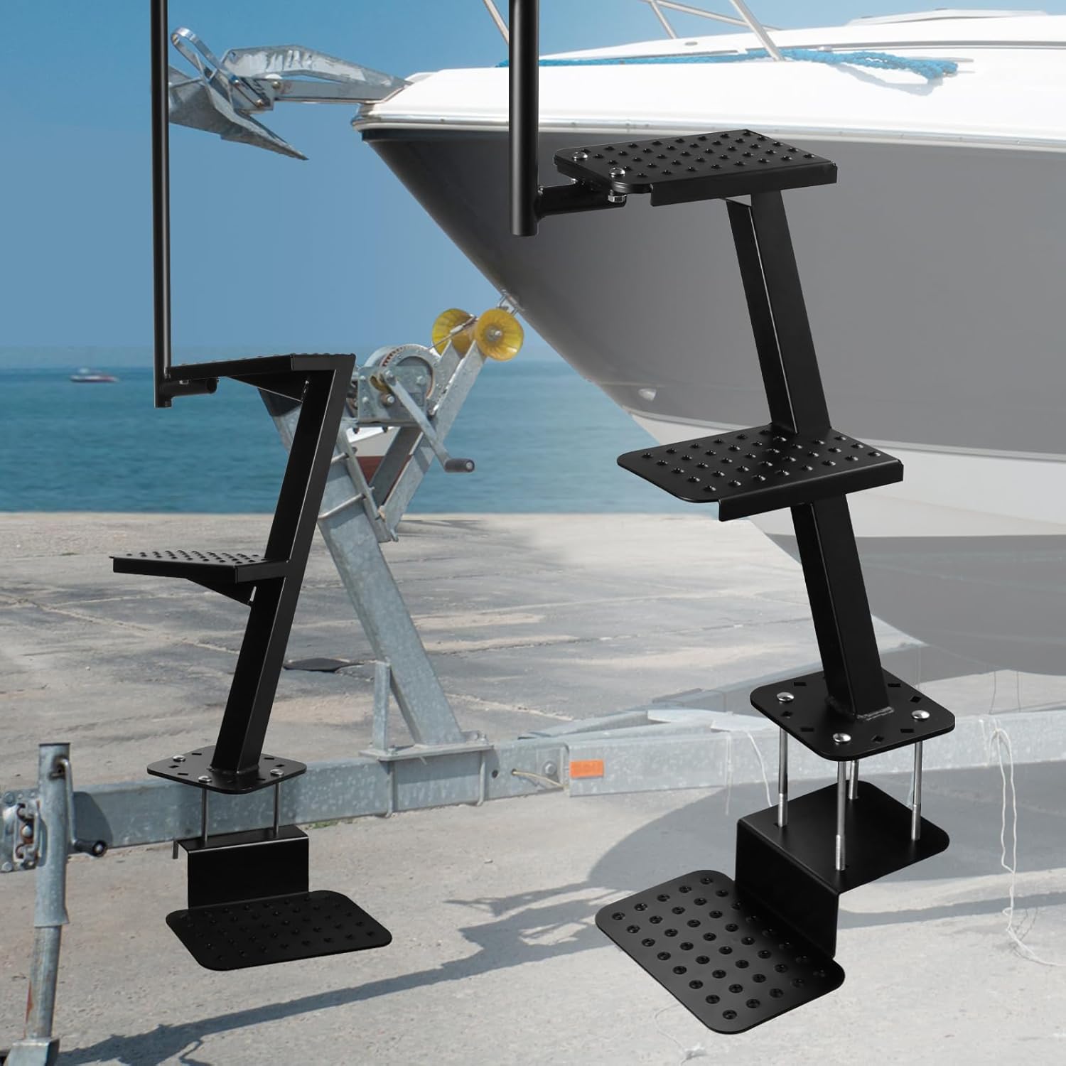 Boat Trailer Steps,Heavy Duty High Capacity 3-Step Ladder with Safety Handle and Non Slip Surface Compatible with Most Deep V Trailer Tongues