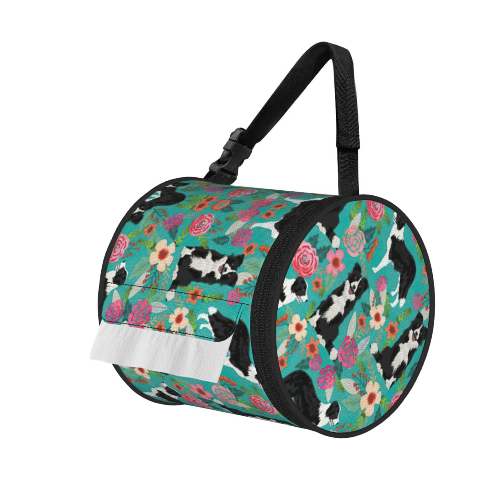 Border Collie Florals Printed Toilet Paper Holder Bag, Adjustable Strap Roll Paper Organizer for Car Kitchen Outdoor