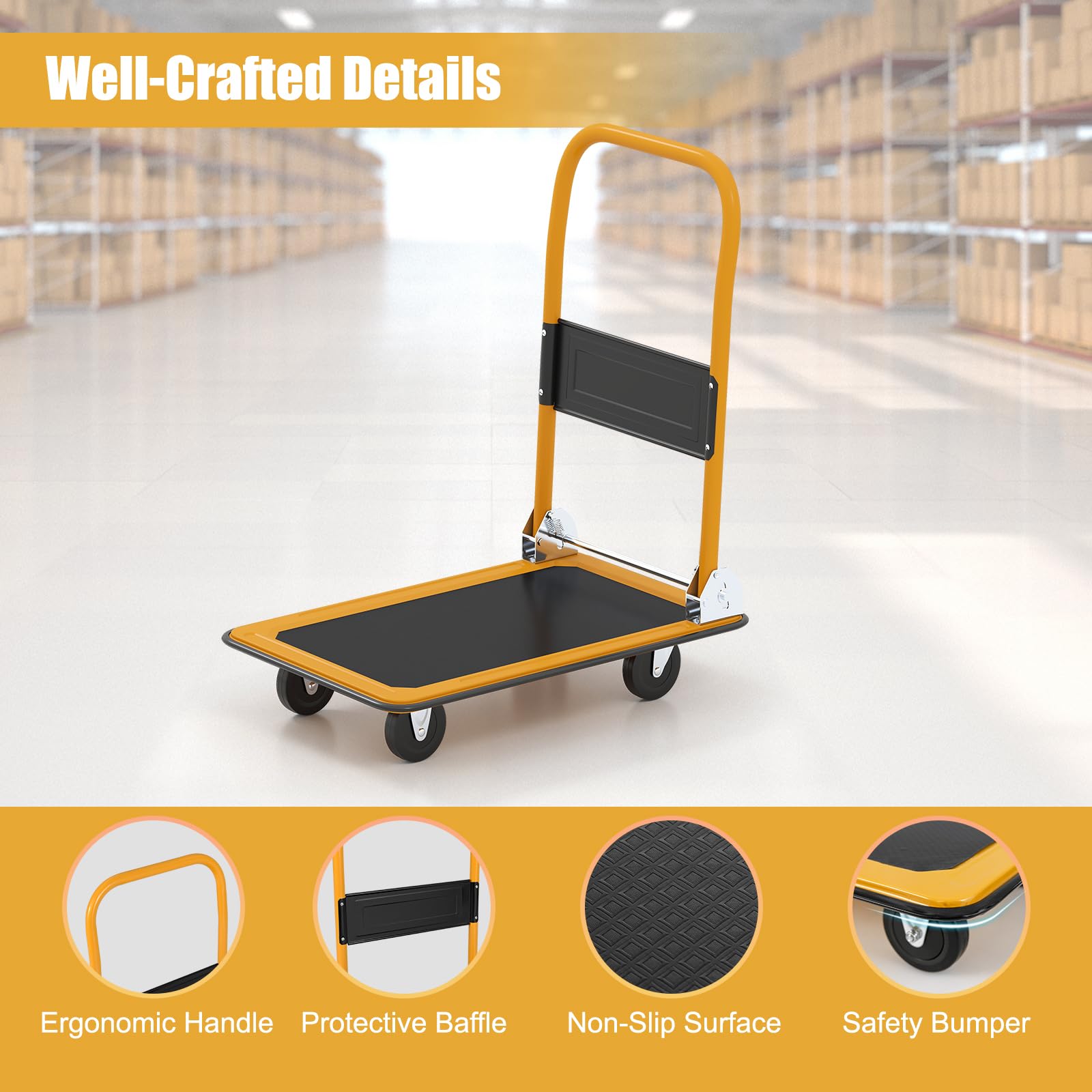 SOARS Carro de Plataforma, Carro Plegable con Rueda, Capacidad 150 KG, con Plataforma Antideslizante, 4 Ruedas, para Transporte, Manejo y Demenagement, 73 X 48 X 83 CM (Negro+Amarillo)