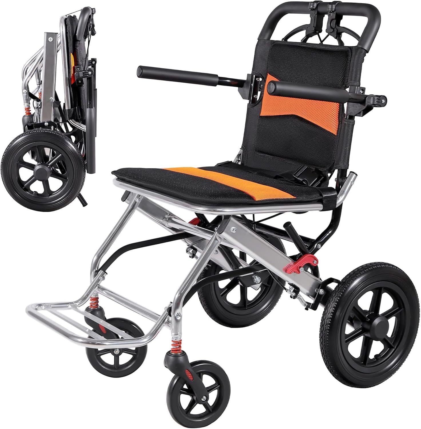 YGNVMCXJG Lightweight Foldable Transport Wheelchair, 330 lbs Portable Transfer Wheelchair for Adults and Seniors, Aluminum Travel Wheelchair for Airplane Use