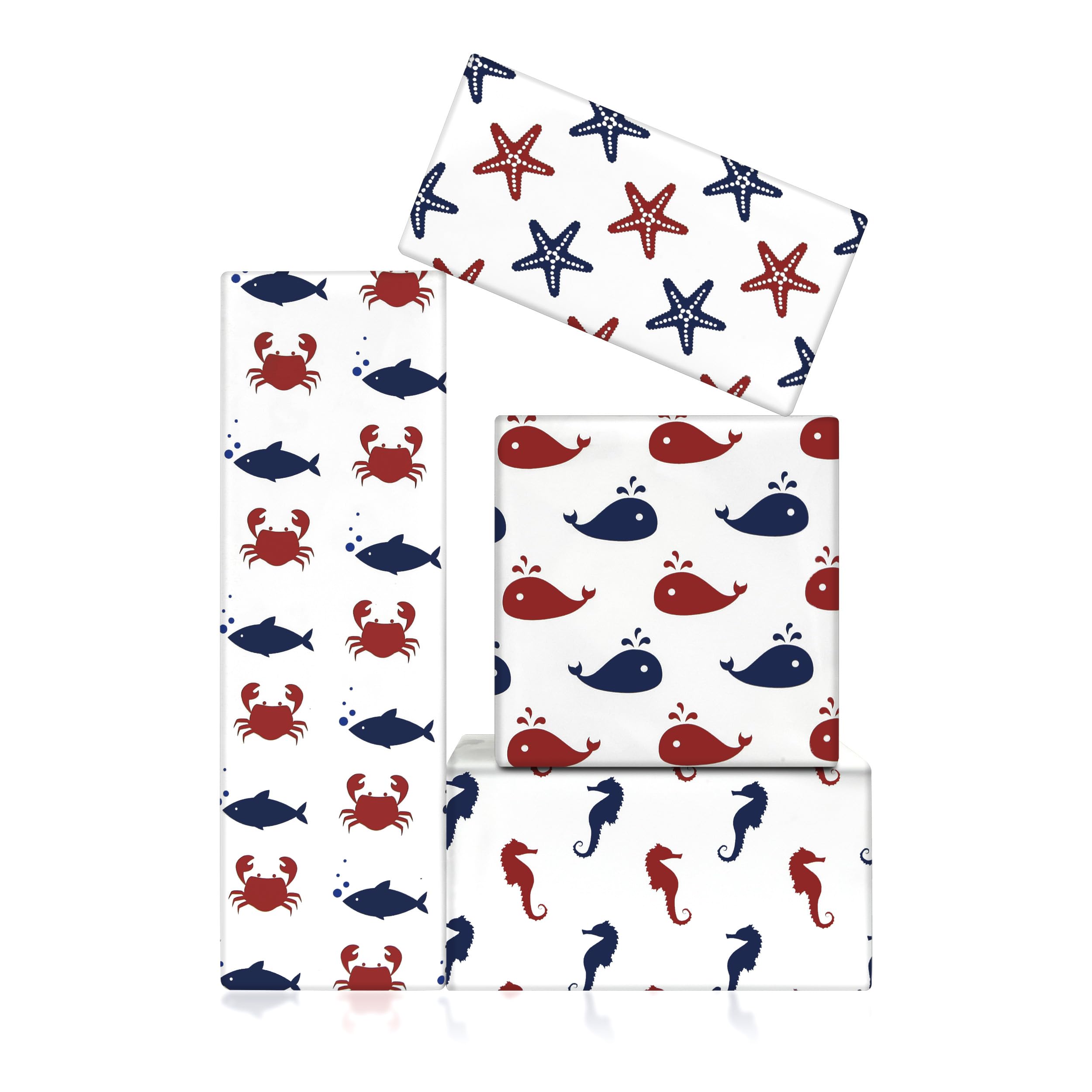 Sea Ocean Wrapping Paper, Sea Fish Starfish Seahorse Crab Whale Gift Paper 51x74cm, 8 Folded Flat Sheets Under The Sea Wrapping Paper for Birthday, Holiday, Party