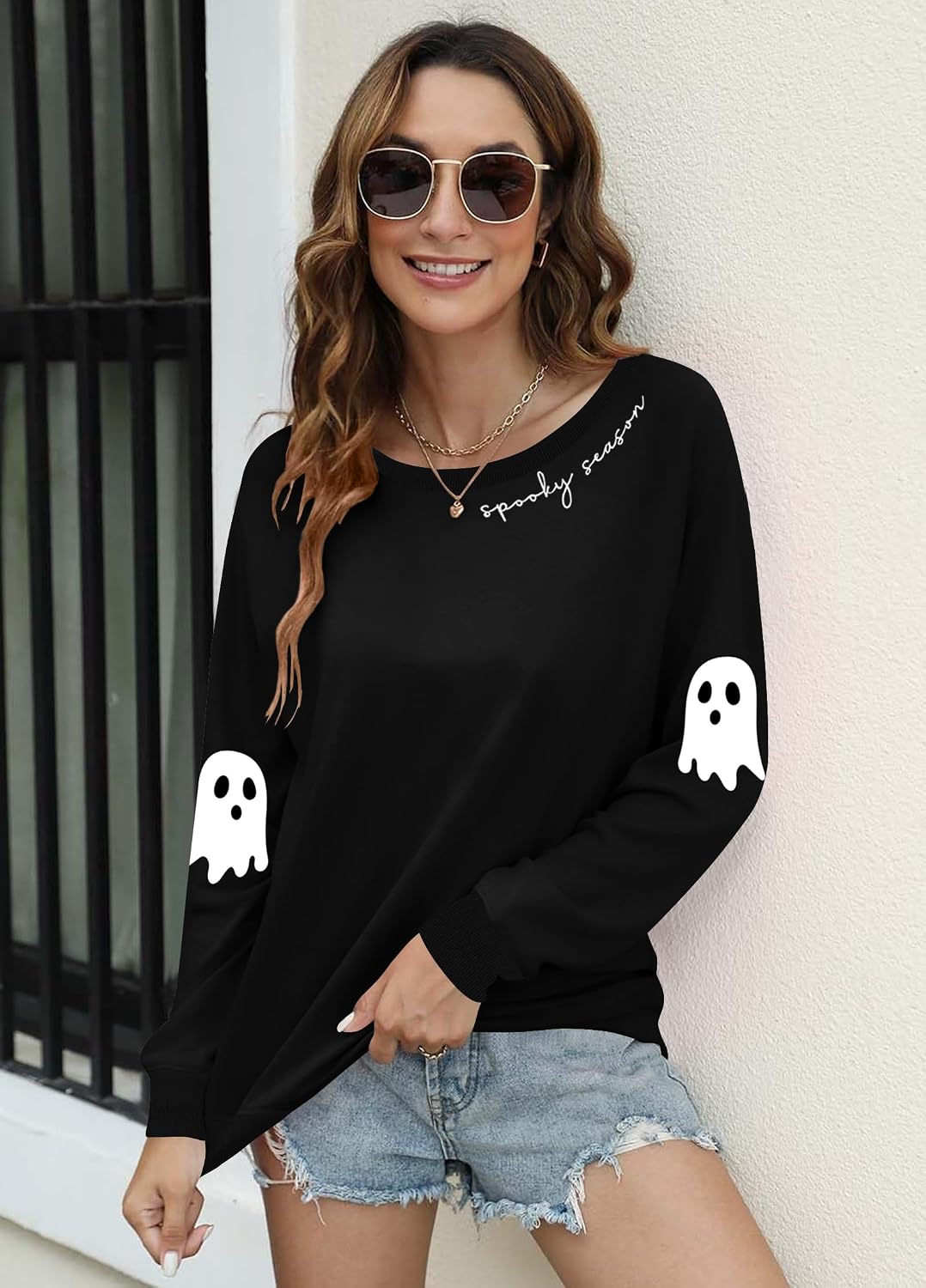Ithalt Womens Halloween Sweatshirt Spooky Season Sweater Ghost Embroidered Pullover Top Fall Long Sleeve Tops