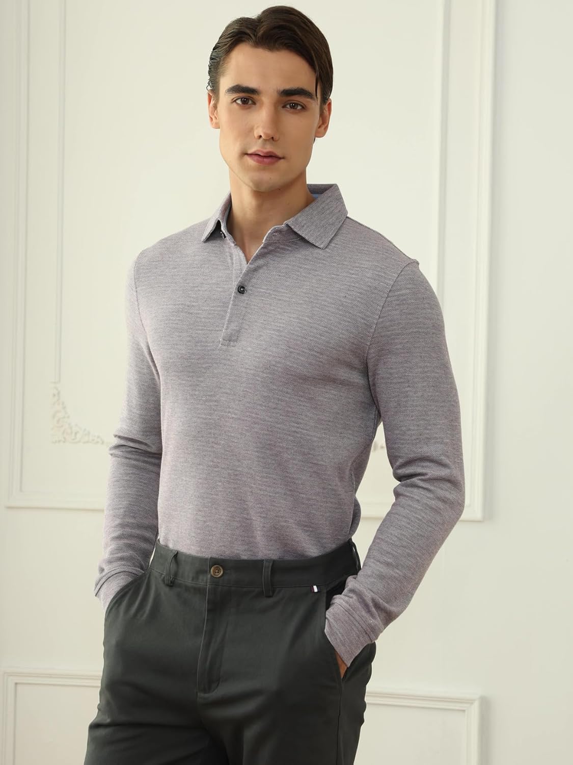 Cotton Modal Blend Long Sleeve Polo Shirts for Men Double Knit Split Hem Collared Basic Casual Tops - Image 2