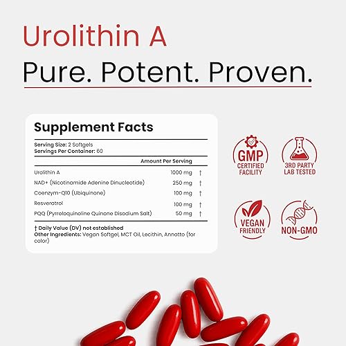 Miniatura 6 de Complejo de urolitina A  Fórmula de línea premium 5 en 1  Suplementos de longevidad probados por el tiempo con urolitina pura A+, NAD+, resveratrol,