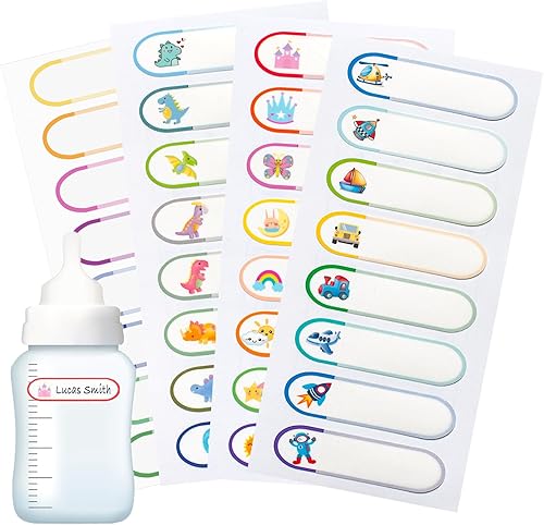 Miniatura 1 de Etiquetas de nombre para artículos escolares, 128 etiquetas impermeables para biberones para guardería, autolaminables, aptas para lavavajillas,
