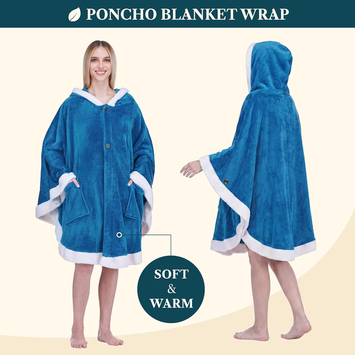 PAVILIA Wearable Blanket for Adult Women, Cozy Plush Fleece Blanket Poncho Cape with Hood, Super Soft Shawl, Angel Wrap Throw for Office, Turquoise Sea Blue - Image 2