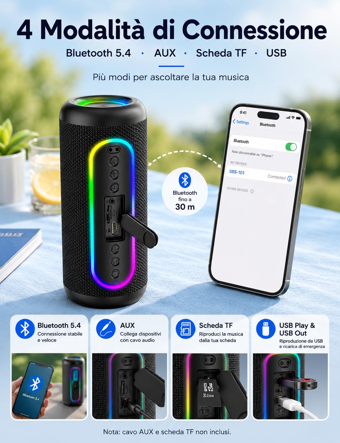 UOHHBOE Cassa Bluetooth Portatile 30W, Bluetooth 5.4 TWS Stereo Fino a 30 Ore di Riproduzione IPX5 Impermeabile, Luci LED Ritmiche USB/AUX/TF Ideale per Viaggi Casa e Outdoor