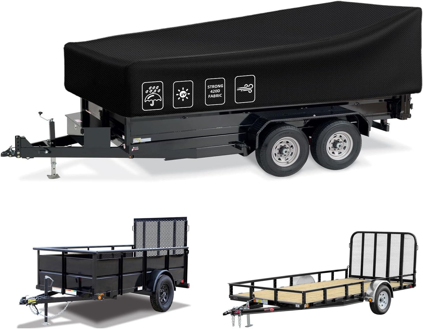 Utility Trailer Cover, Waterproof Dust Heavy Duty Dump Trailer Cover, 420D Heavy Duty Oxford Fabric, Dump & Utility Trailer Cover with ramp gate, Wind-Proof/Anti-UV (7 * 14,Black)