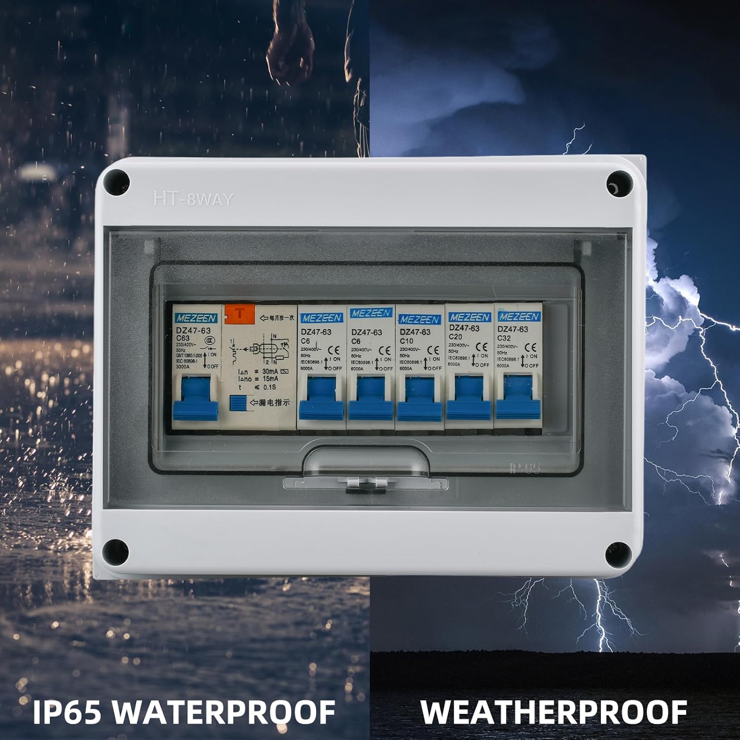 8 Way Miniature Circuit Breakers with Waterproof Distribution Box Outdoor 63A 220V Earth Leakage Overload Short Circuit Protection for Home, Industrial, and Commercial Use(6A 10A 20A 32A)