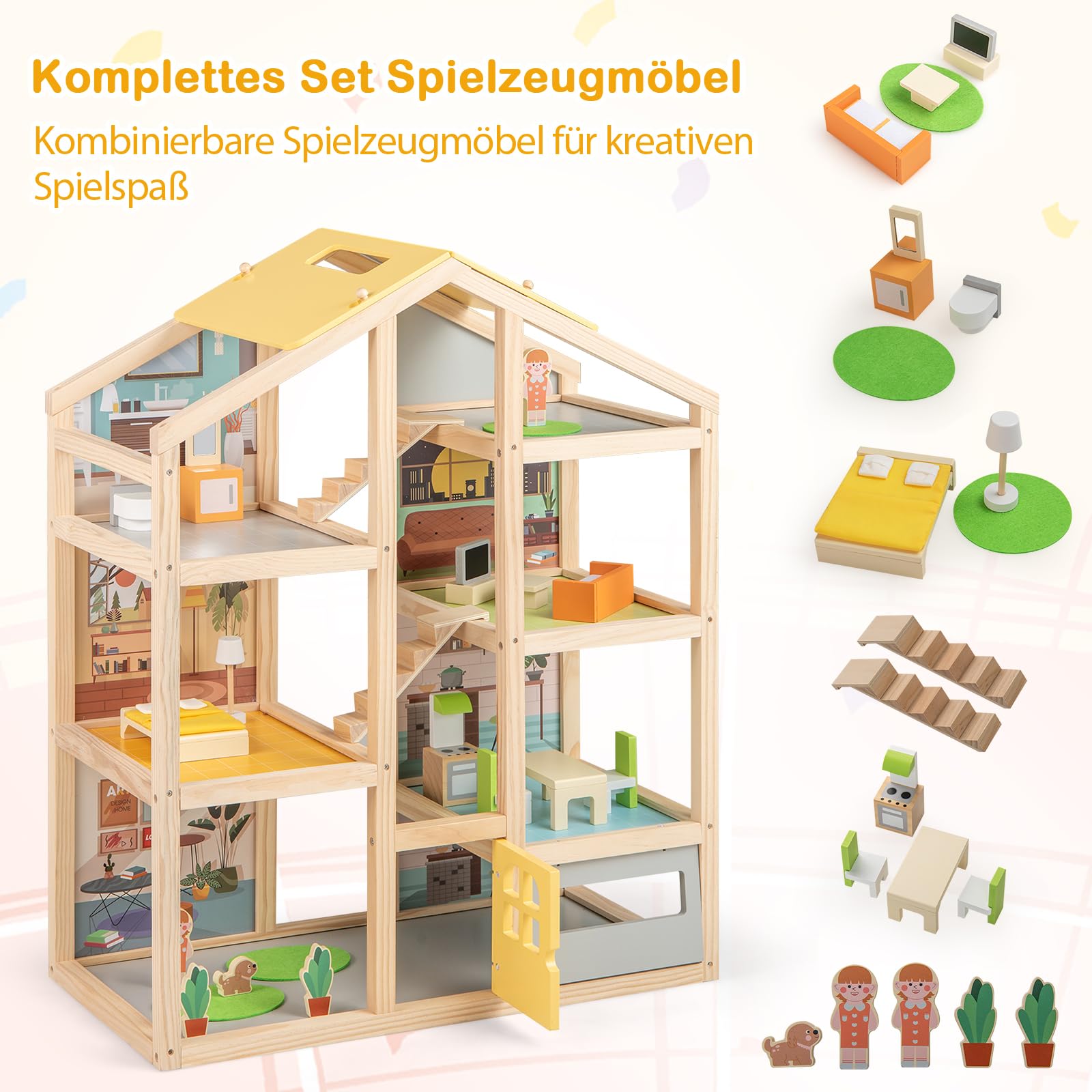 COSTWAY Drewniany domek dla lalek, wymarzona willa z meblami i figurkami, domek dla dzieci z garażem i otwieranymi drzwiami, domek dla lalek "zrób to sam" dla dziewczynek i chłopców od 2 lat