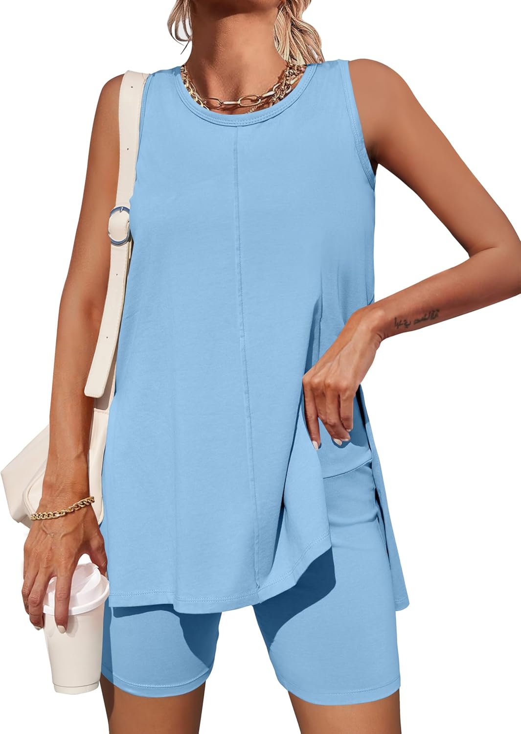 Esobo Women's Summer 2 Piece Outfits Sleeveless High Low Spilt Hem Tank Top Biker Shorts Sets Lounge Set Tracksuit