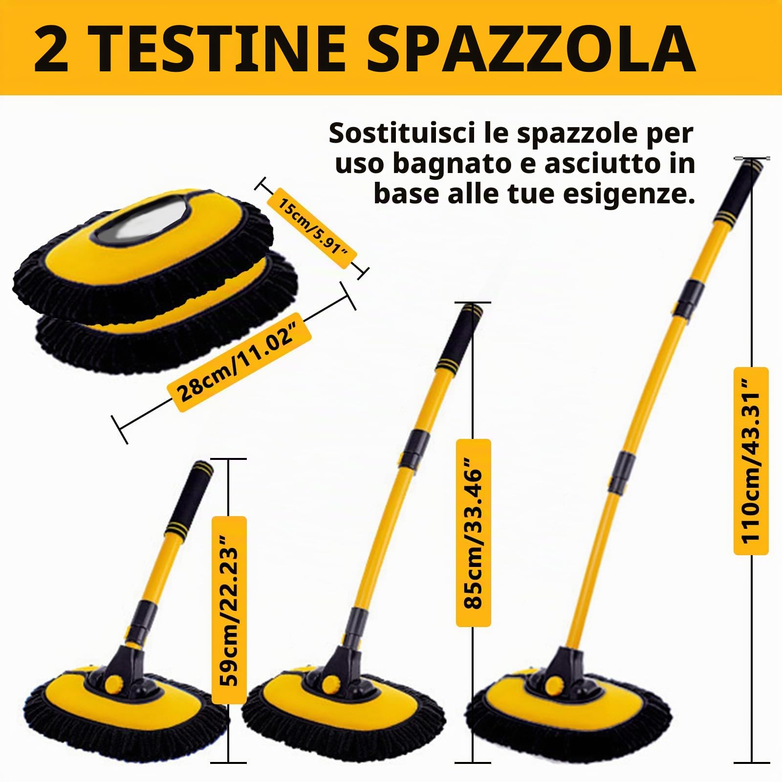 Kit di spazzole per lavaggio auto a 15° con manico telescopico, mocio a manico lungo con 2 teste in morbida ciniglia per camper, camion, auto, barca, strumento di pulizia antigraffio