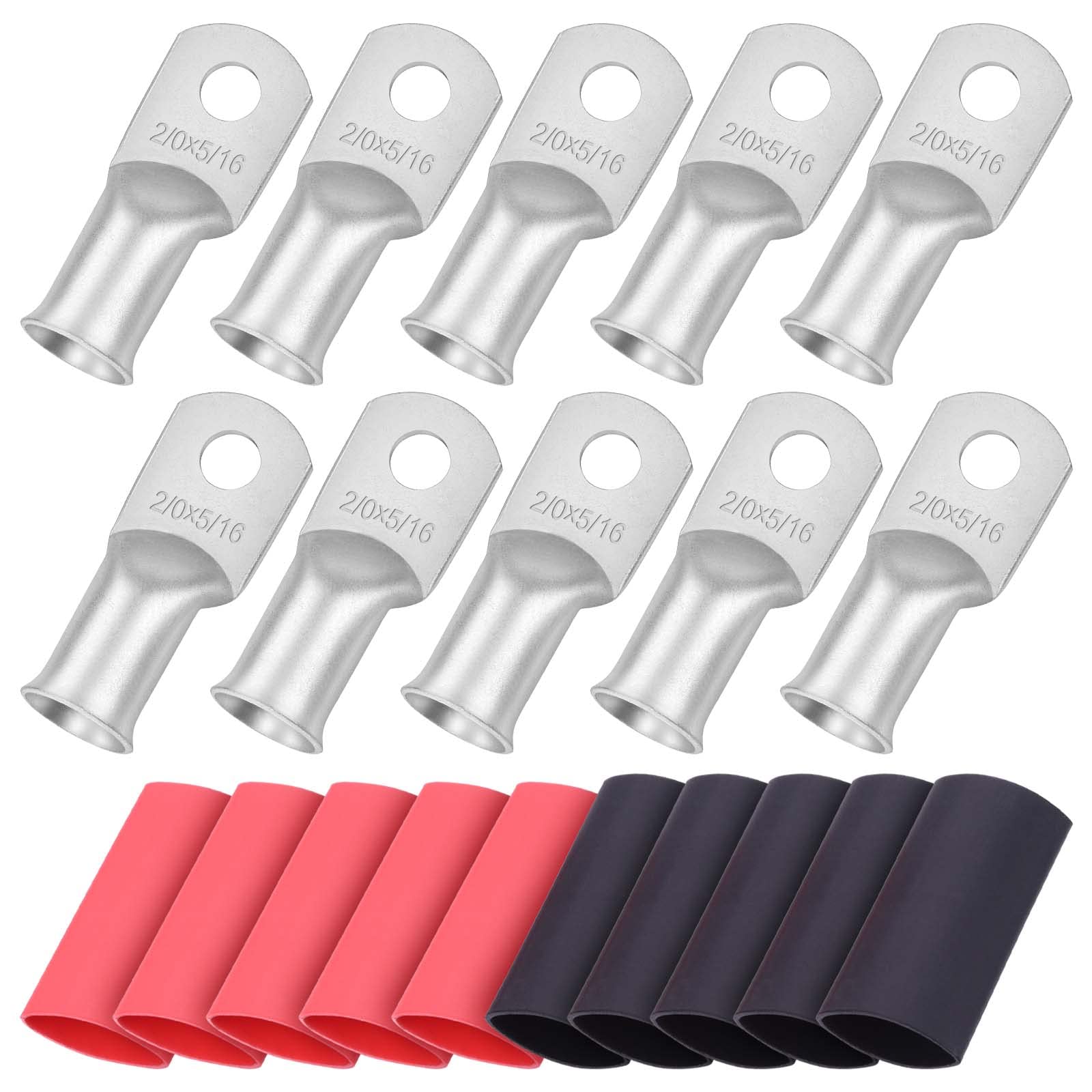 iGreely 10pcs 2/0 Guage 5/16" Wire Lugs Ring Terminal Connectors Ends 2/0 AWG Heavy Duty Tinned Copper for Battery Cable Lug Wire Electrical Eyelets with 10pcs 3:1 Dual Wall Adhesive Heat Shrink