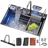 Kitchen sink double waterfall sink with LED display with cup washer, soap dispenser, waterfall mixer, worktop controller, etc. workstation kitchen sink (Gun grey, 31.5 * 18.1 * 8.7 IN)