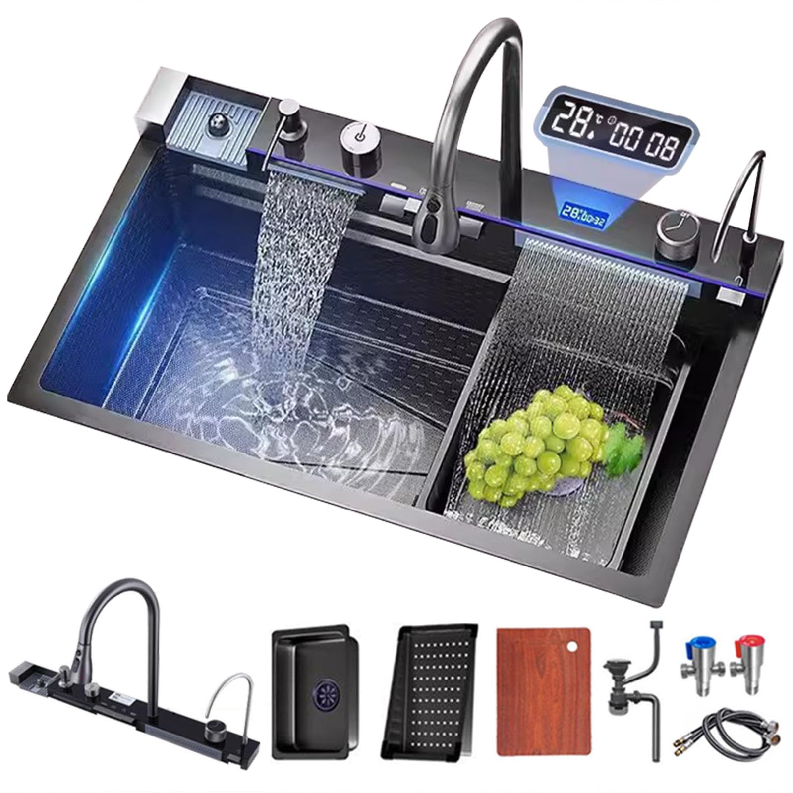 Évier de cuisine double cascade gris pistolet 75x45 cm avec écran LED