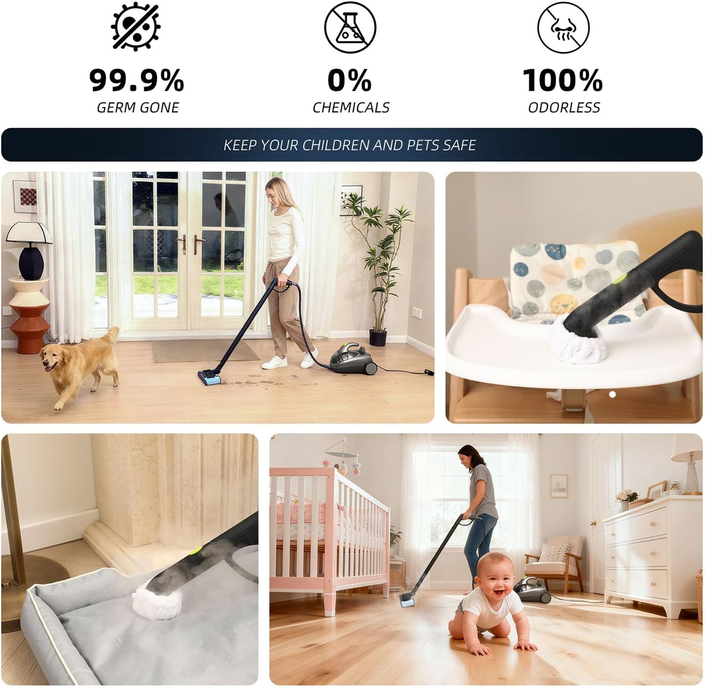 Heavy-Duty Steam Cleaner - 1500W Multipurpose Handheld Floor Steamer with 22 Accessories 16ft Cord for Home, Car Detailing, Tile, Grout, Carpet, Wallpaper, Upholstery, Window, Deep Cleaning