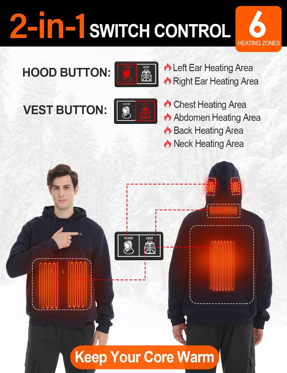 Heated Hoodie for Women Men with Battery 7.4V 12000mAh, Unisex Pullover Heated Sweatshirt - Image 2