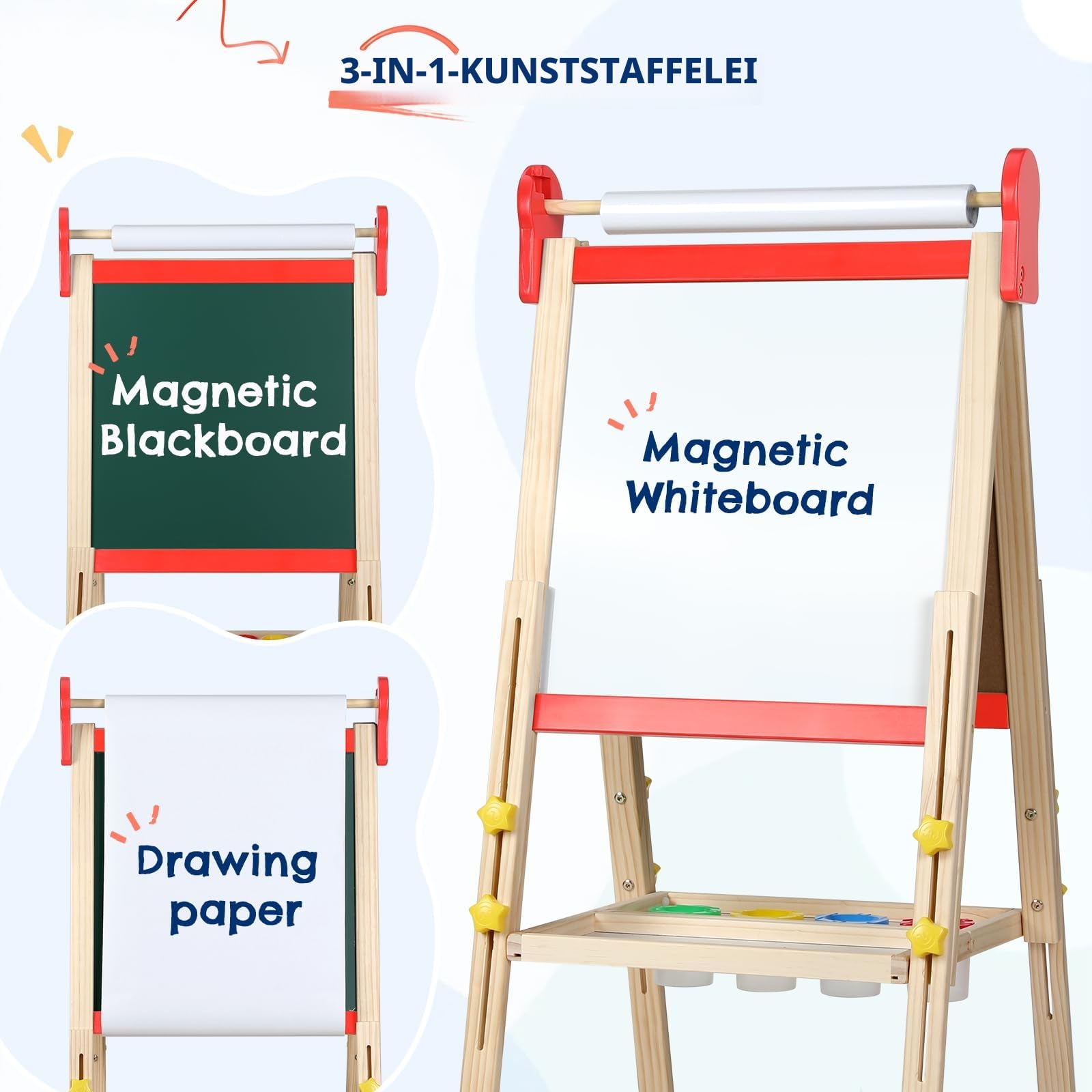 Kinder Staffelei, 3-in-1-Staffelei zum Malen mit Magnettafel, Zeichenpapier, Tafel, Höhenverstellbar Standtafel,Geschenk für Kinder,Rot