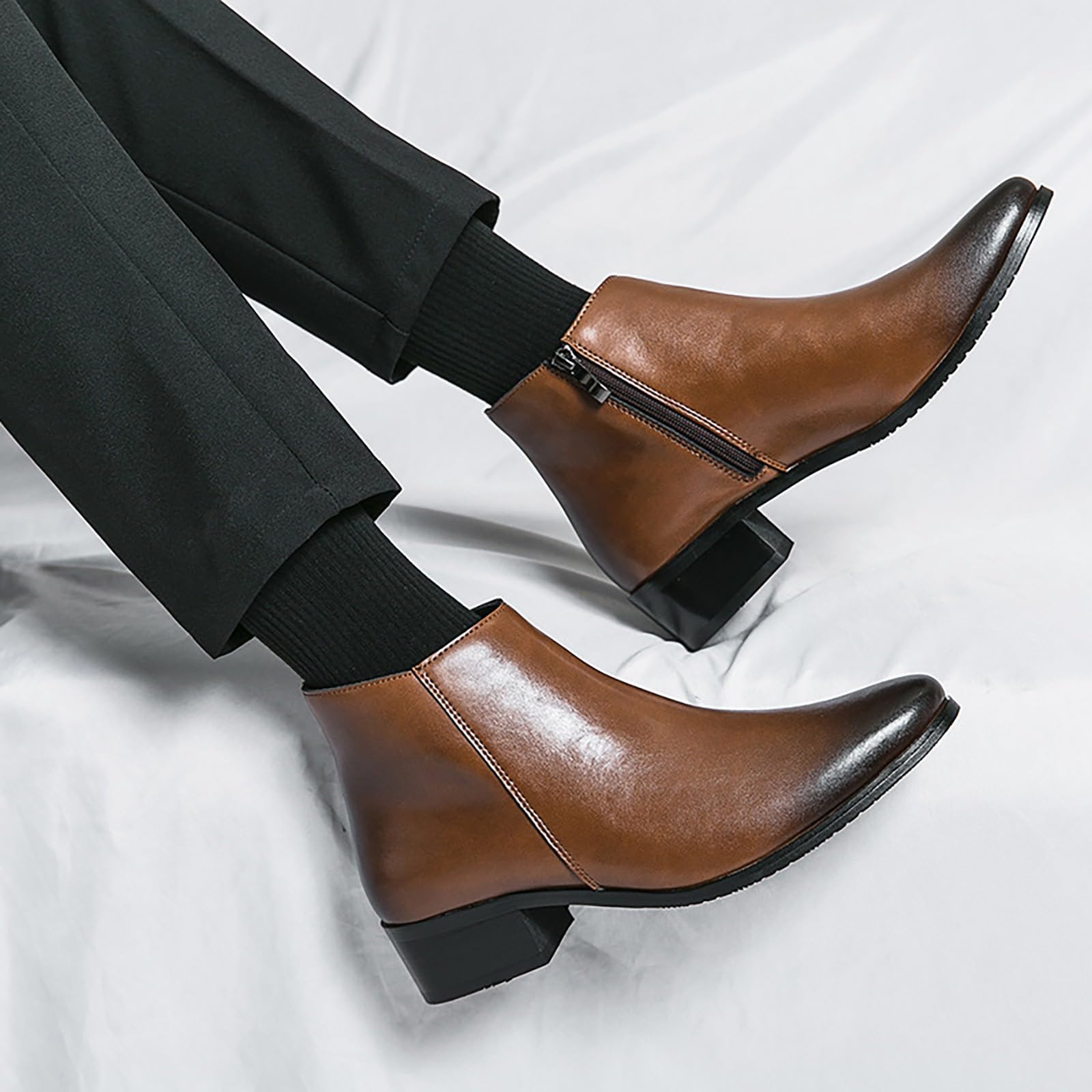 Winterstiefel für Herren, Leder, gefüttert, warm, Winterstiefel, flach, mit Reißverschluss, ultraleicht, rutschfest, für den Innen- und Außenbereich, Größe 11
