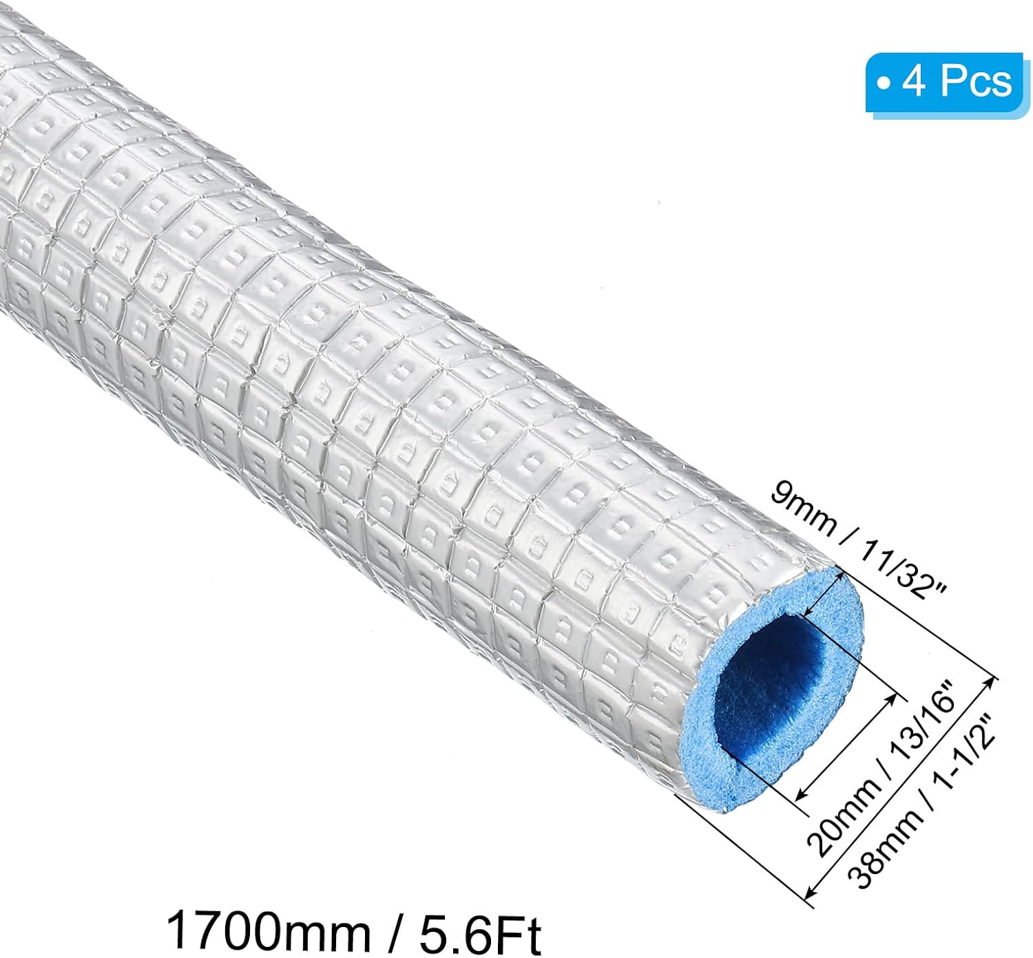 PATIKIL 5.6Ft Pipe Insulation Foam Tubing, 4Pcs 20mm(13/16") ID 38mm(1-1/2") OD Heat Preservation XPE Foam Tube Wrap with Aluminum Foil for AC Unit Air Conditioning Water Pipe, Silver Blue
