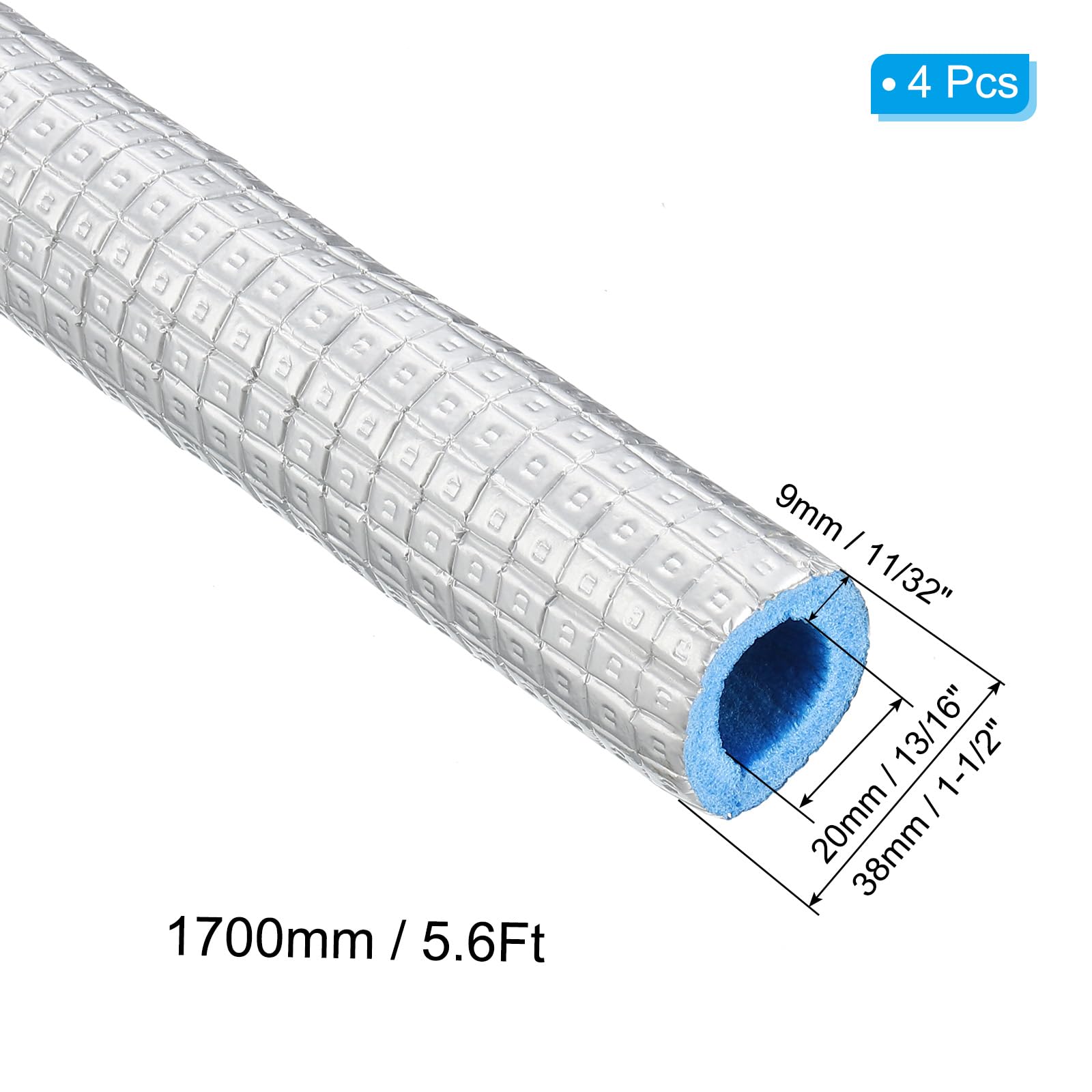 PATIKIL 5.6Ft Tubo Di Isolamento Schiuma, 4Pz 20mm(13/16") ID 38mm(1-1/2") OD Isolamento Termico Tubo In Schiuma XPE Con Rivestimento In Alluminio AC Unit Condizionatori Tubi