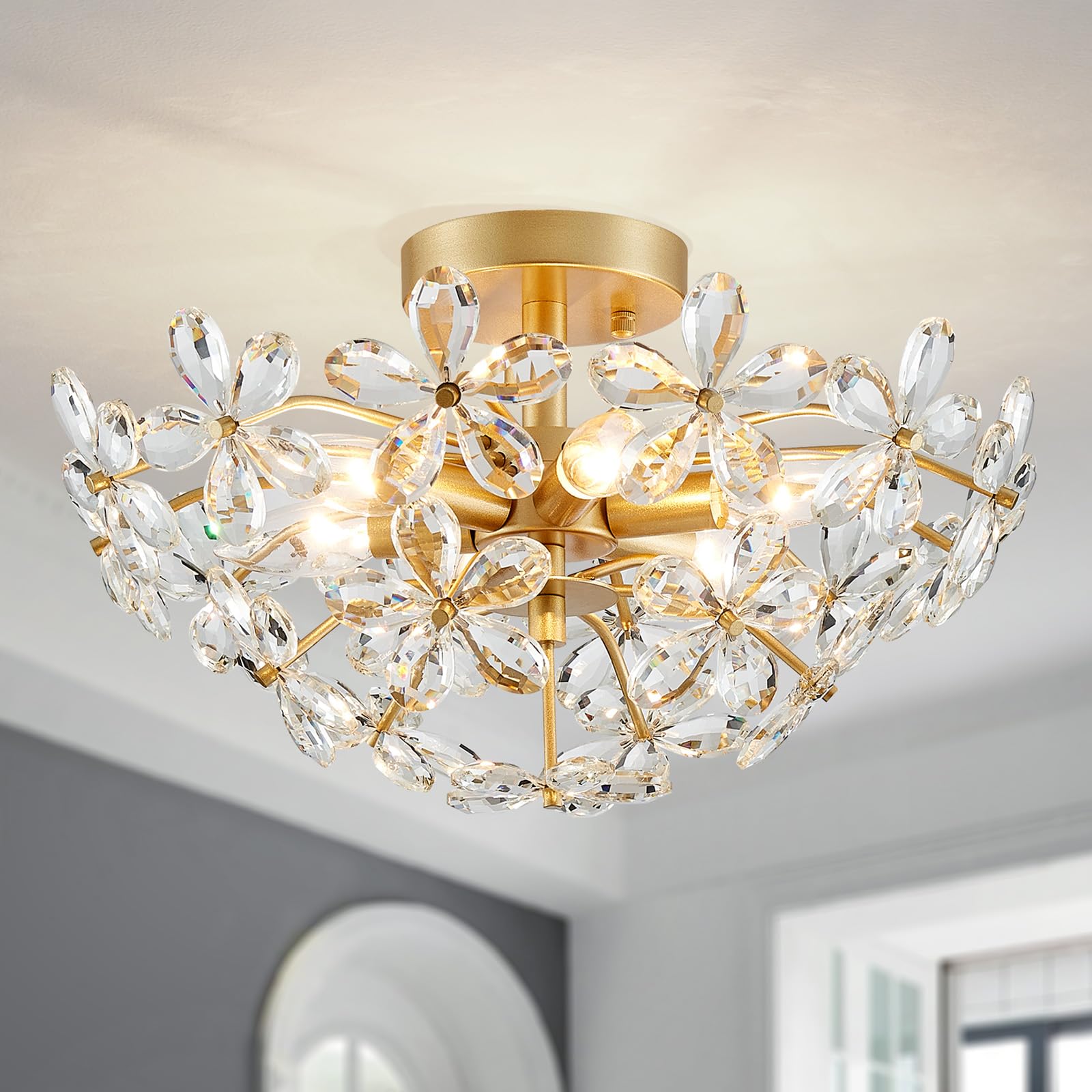 WUZUPS Crystal Chandelier Flushmount Ceiling Light Modern Lighting Fixture for Bedroom Hallway Bar Kitchen Bathroom, H 22.6cm x W 45cm, Gold, E14 Base