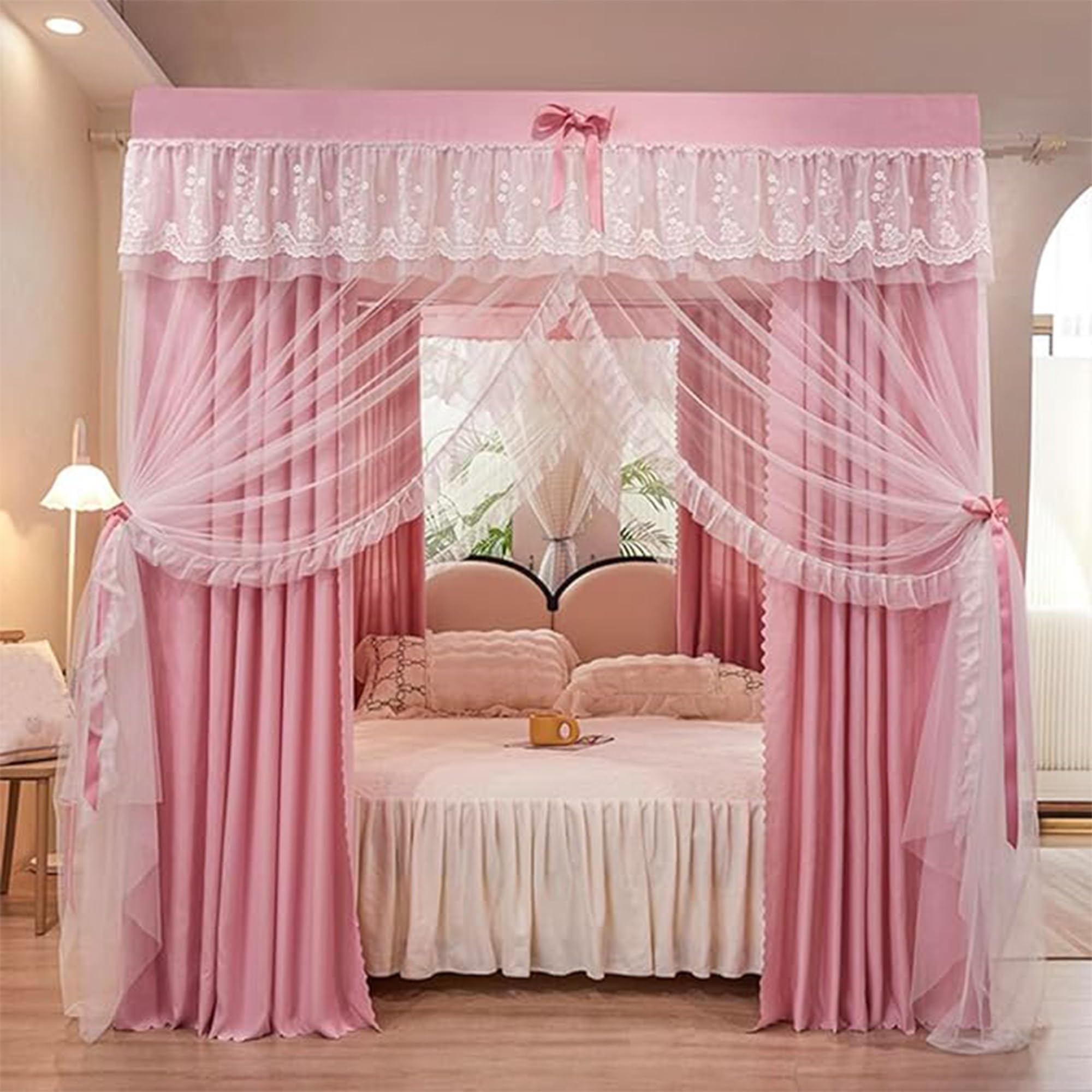 Himmelbett VorhäNge mit RüSchen, Prinzessin Canopy Bed Curtains, Drapiernetz mit 4 öFfnungen, Elegantes Moskitonetz für Mädchen und Erwachsene, Schlafzimmer, Dekoration,C,150 * 200cm* Without Stand