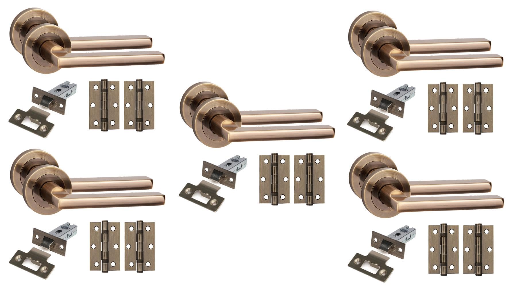 Golden Grace Antique Brass 5 Set Leon Design Door Handles With Latch And Ball Bearing Hinges Finish