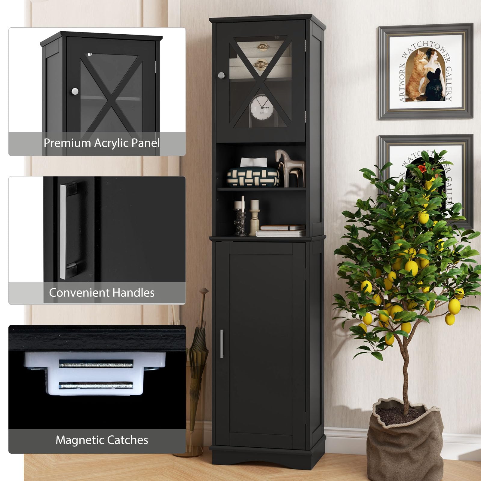 LIFEZEAL Mobile Bagno Salvaspazio, Colonna Bagno Alto e Stretto, 40x30x170,5cm, Credenza Cucina, Armadio Dispensa, Mobiletto, con Ripiani Regolabili, Scomparti, 2 Ante, in Legno, Max 80kg (nero)