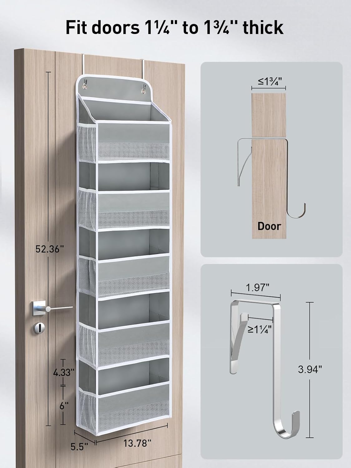 Yecaye 1 Pc Over the Door Organizer with 5 Bins 10 Side Pockets, 44lbs Load Hanging Bathroom and Bedroom Organizer, behind the Door Hanging Organizers for Nursery Newborn Baby Essential Stuff Grey - Image 4