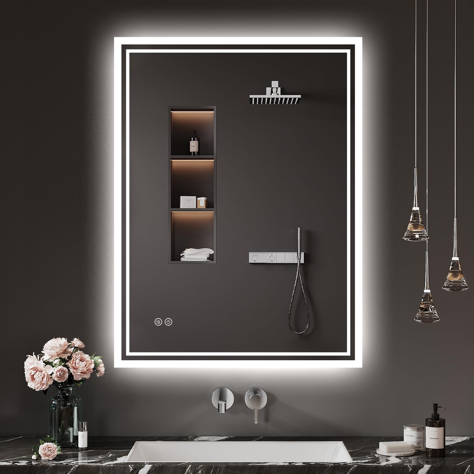 Badspiegel-mit-Beleuchtung 60x80cm: LED Badezimmer-Spiegel Badezimmerspiegel mit Beschlagfrei, Touch-Schalter, 3 Lichtfarben Dimmbar LED Spiegel Bad für Badezimmer