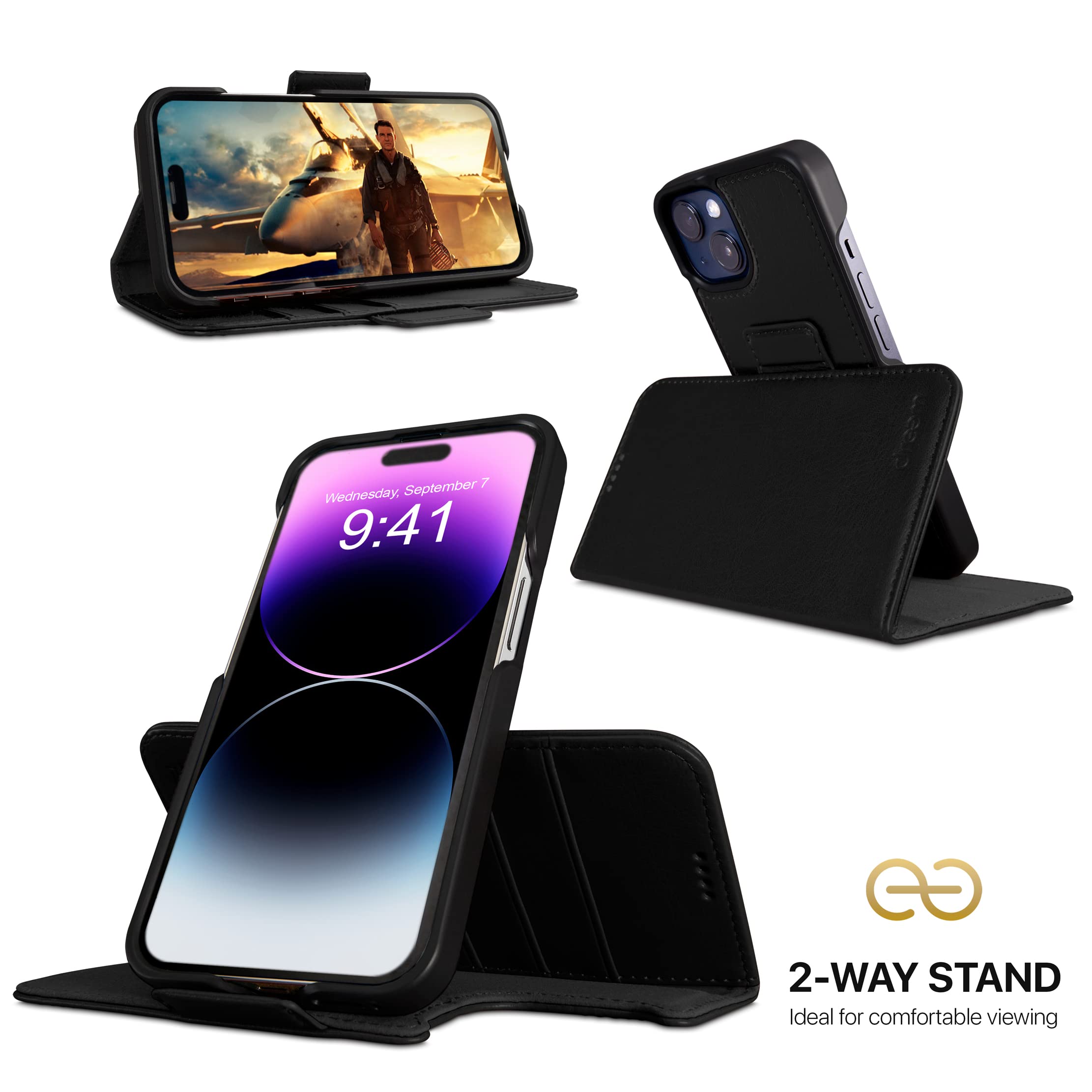 dreem 3-in-1 Wallet Case for iPhone 14/16e/17e | Built-In Kick-Stand, Magnetic Detachable Vegan Leather Flip Cover with RFID Blocking Card Holder, MagSafe Compatible, Gift Box [Fibonacci: Black] — view 3