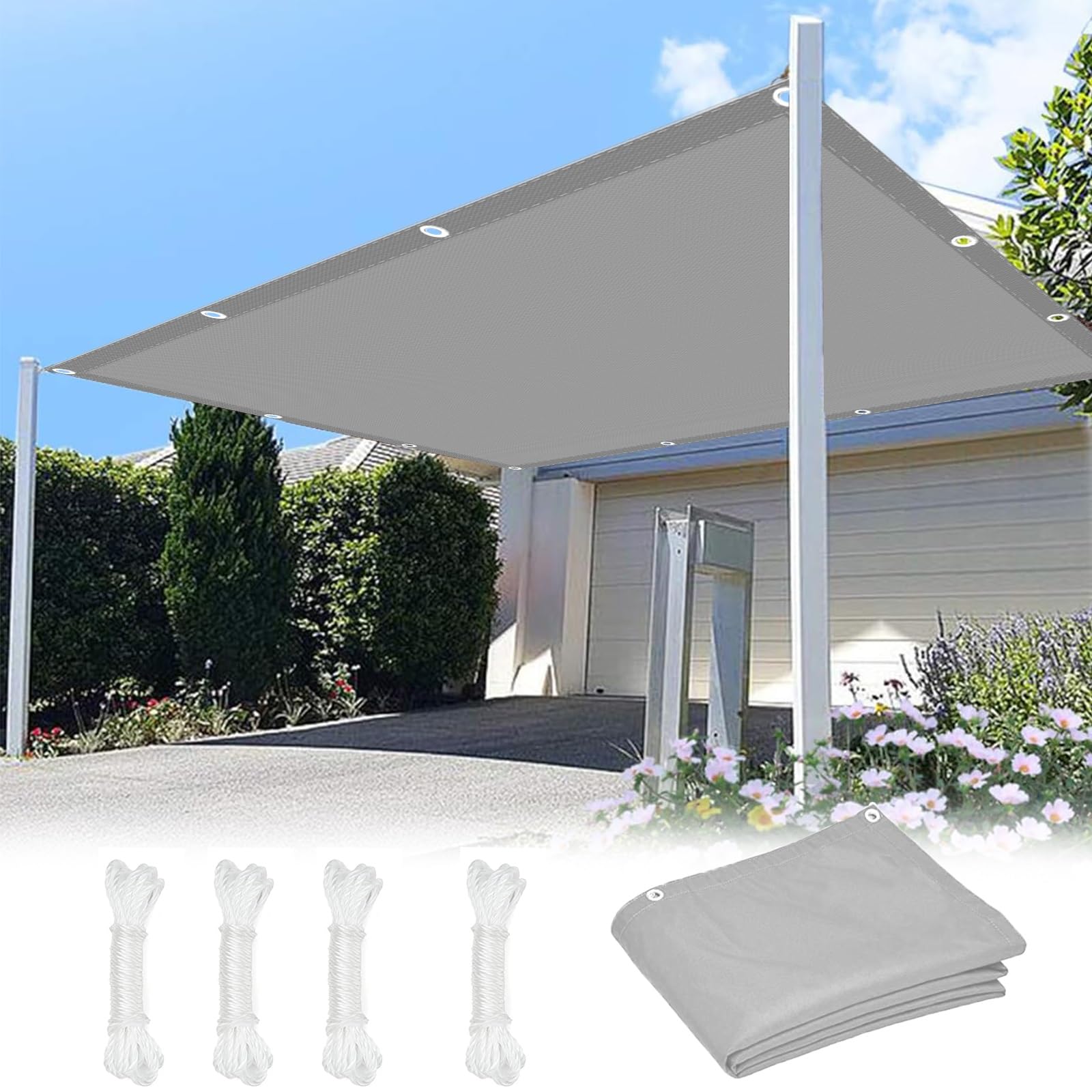 Sonnensegel Rechteckig 1 x 2 m Sonnenschutz UV Schutz Windschutz Outdoor-Sonnenschutznetz für Garten mit Spannseilen für Garten Terrasse Rasen Pool, Hellgrau