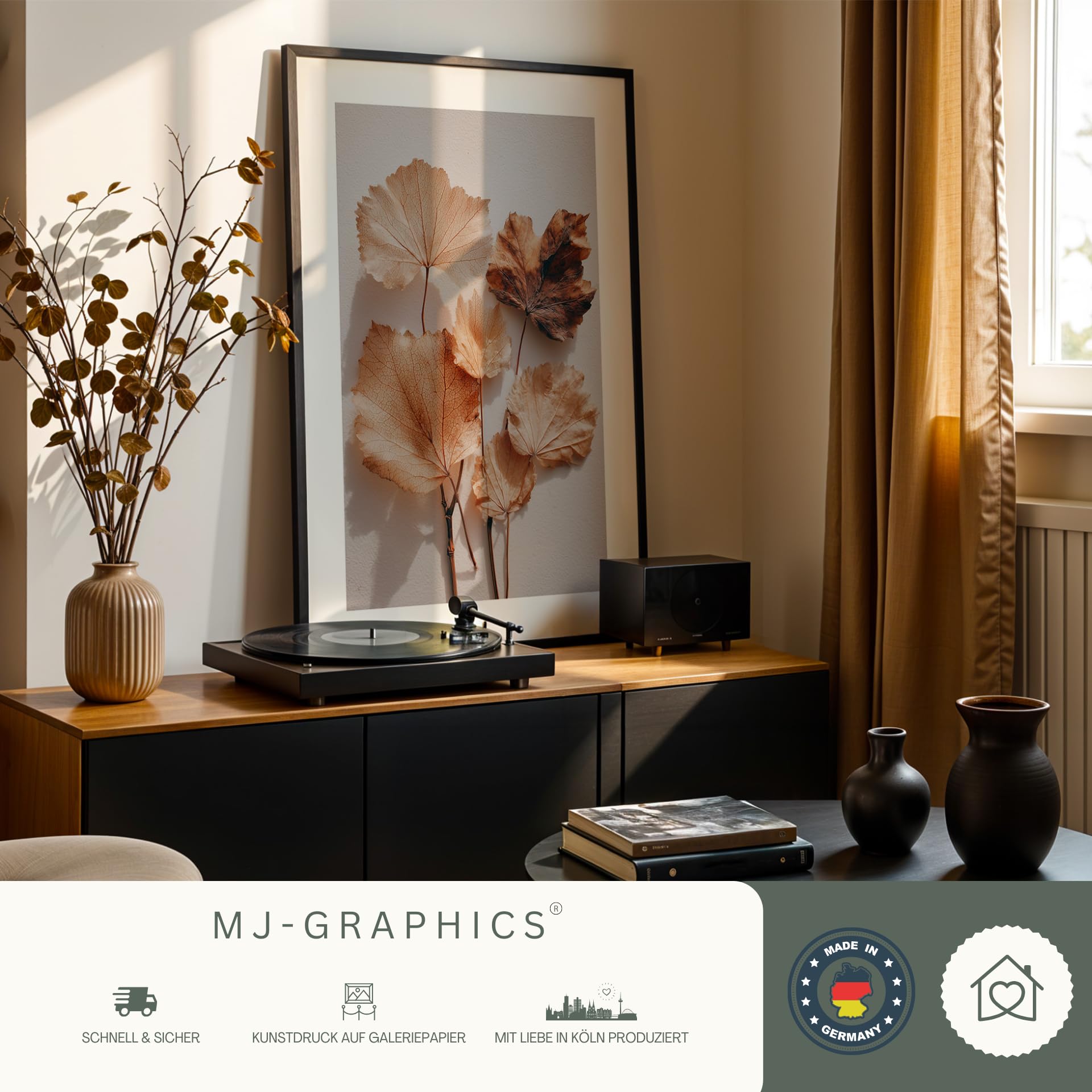 MJ-GRAPHICS® Herbstblätter Poster Wandbild Natur Fine Art Boho Skandi Stil Deko für Flur oder Wohnzimmer – A2 Poster mit Rahmen Holz Natur