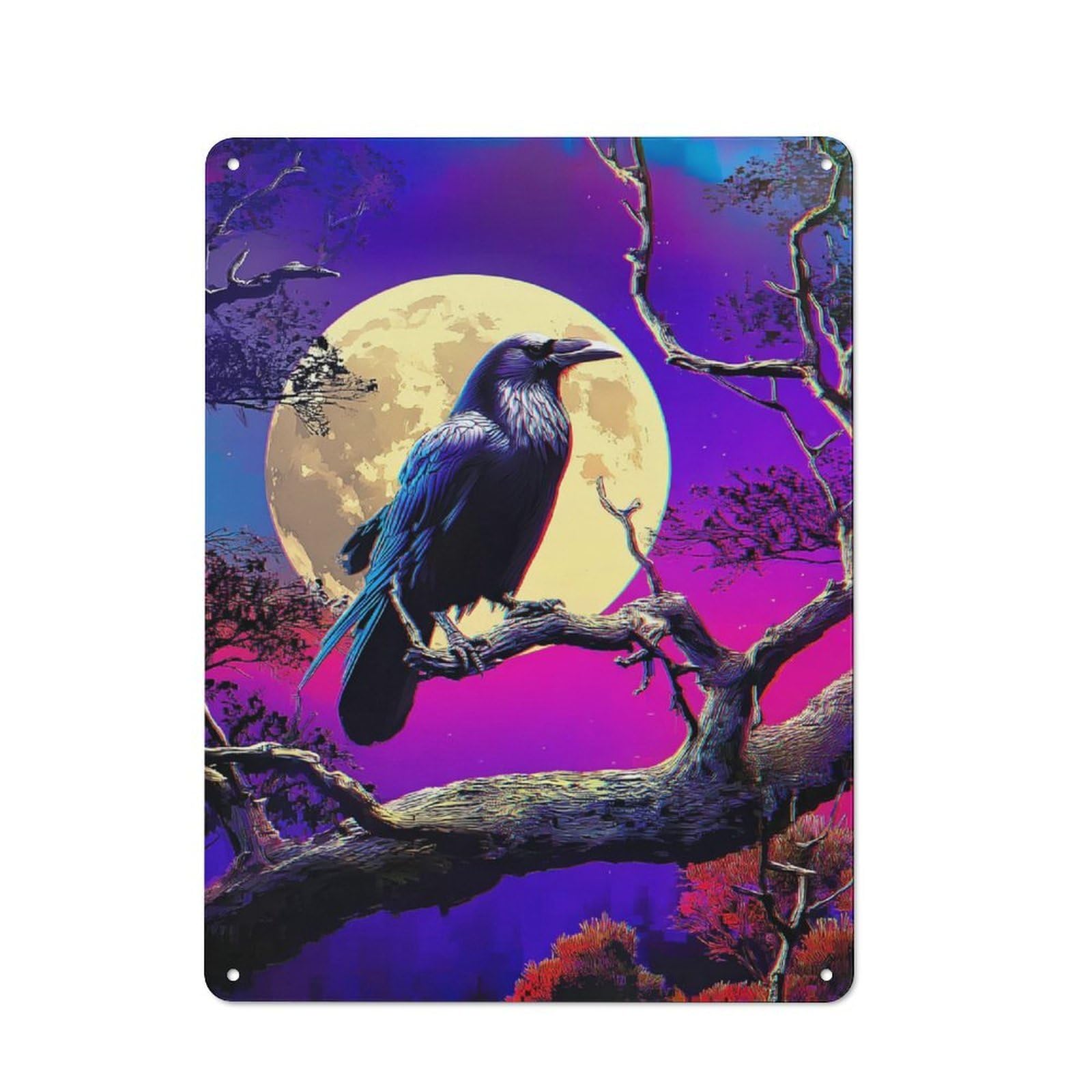 Vintage Moonlit Raven Reflections Metal Plaque 40x30cm, Diner Style Decor for Coffee Bar, Kitchen, Bistro Or Tea Corner