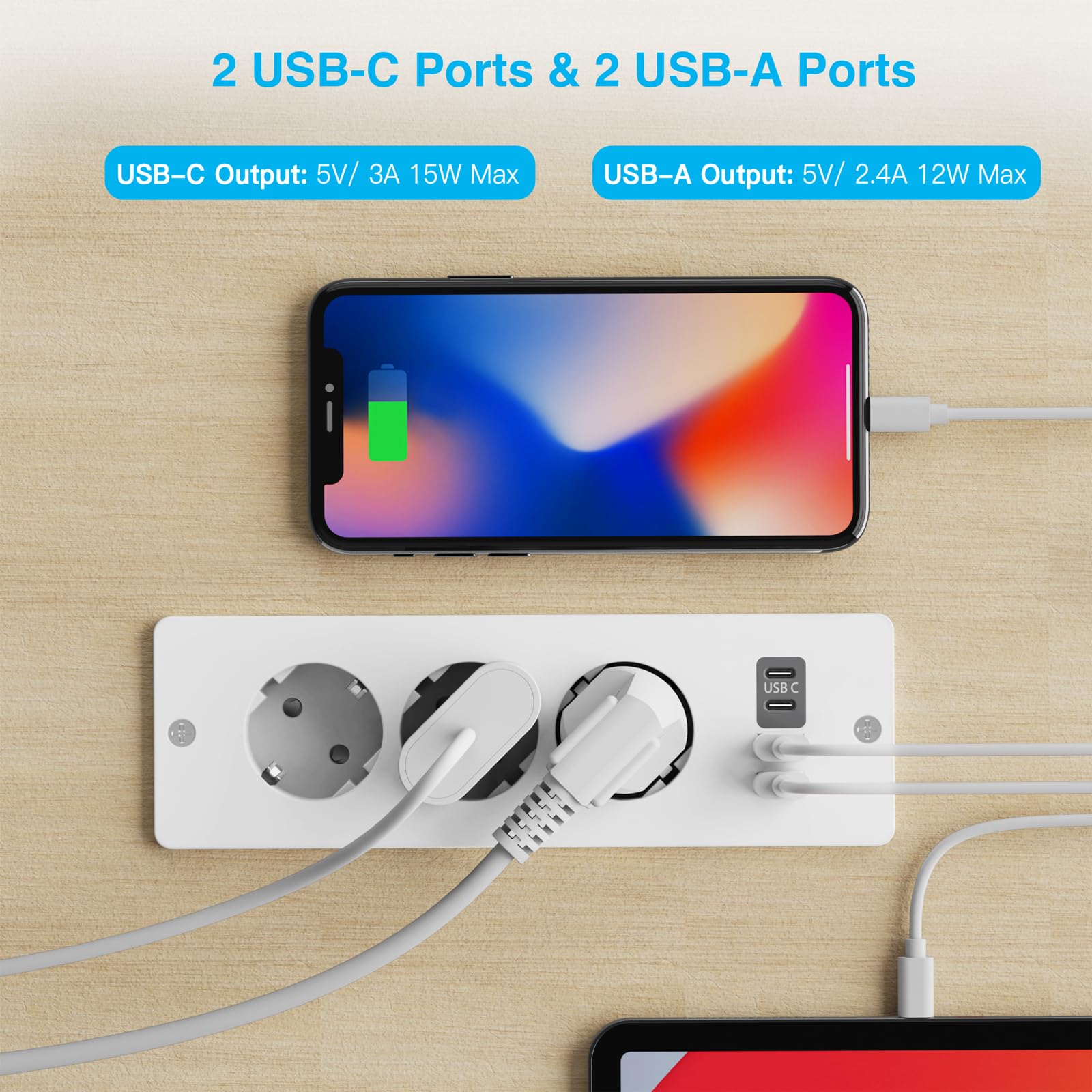 Blat wpuszczane gniazdko z 2 portami USB i 2 typami C, listwa zasilająca z 3 gniazdami do zabudowy, z kablem o długości 2 m, do mebli lub powierzchni roboczych (biała) | Listwa zasilająca z kablem 2 m, gniazdko stołowe, listwa zasilająca do mebli lub blat