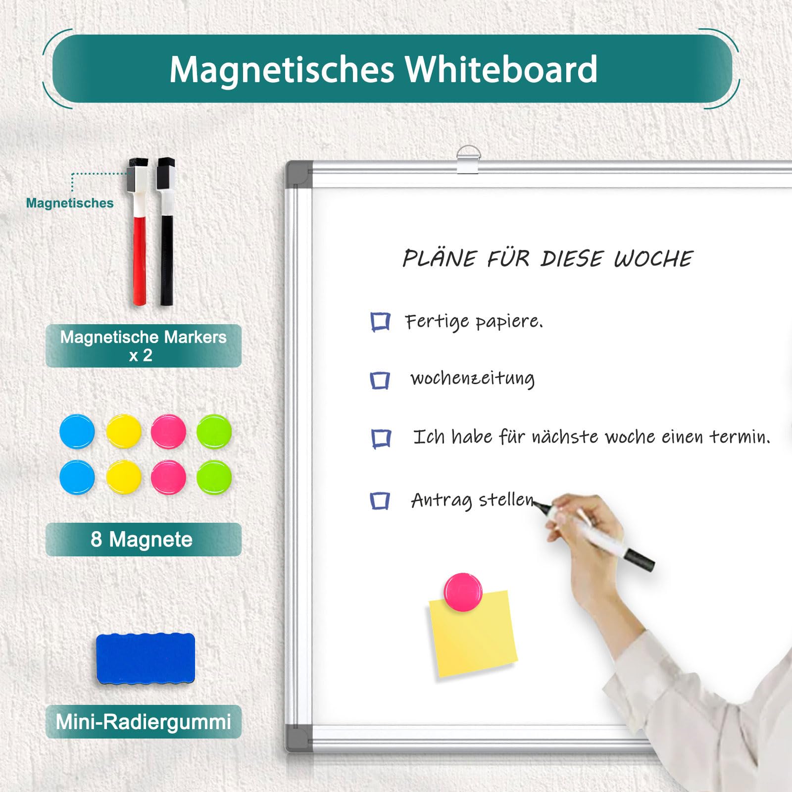 Magnetisch Whiteboard, 40x60cm Magnettafel mit Aluminiumrahmen, Magnetwand White Board mit Stiftablage und Haken