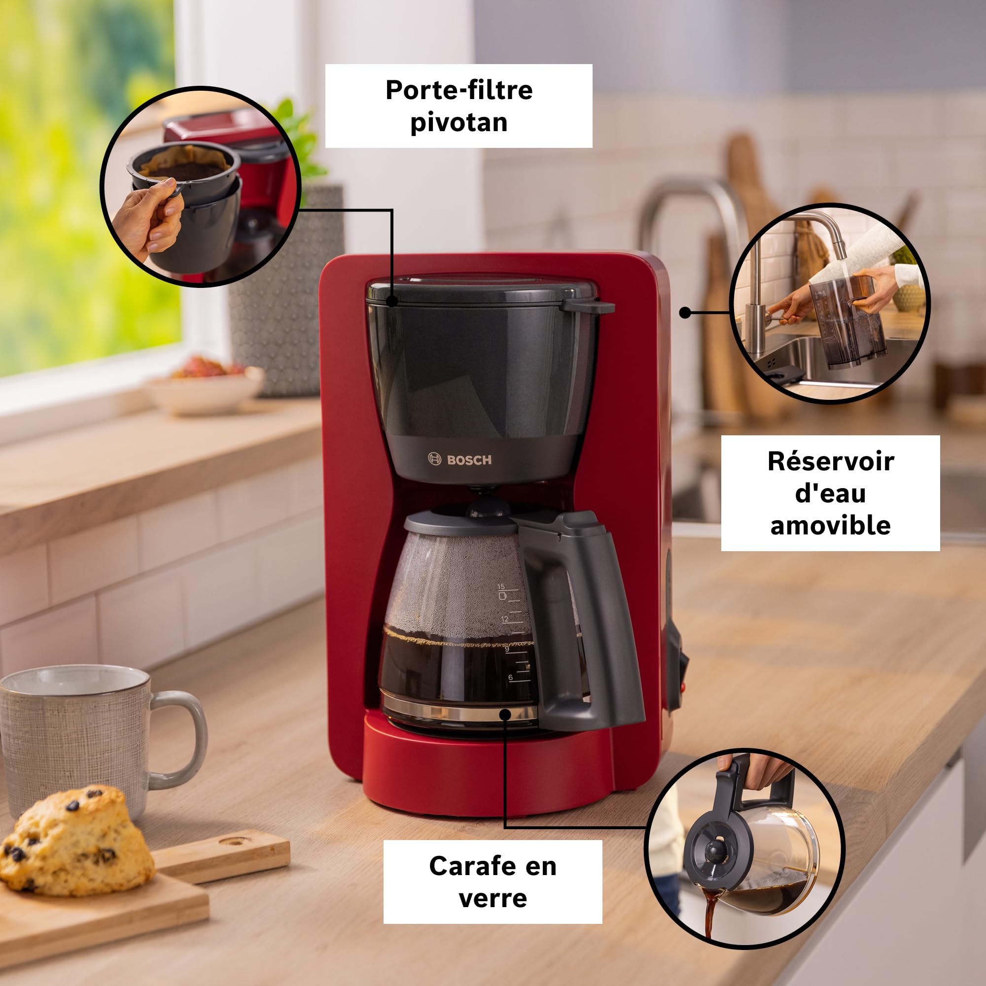 Bosch, machine à café filtre, MyMoment, réservoir d'eau amovible, carafe en verre, arrêt automatique, fonction Anti-Goutte, maintien au chaud 40 minutes, rouge foncé, TKA2M114