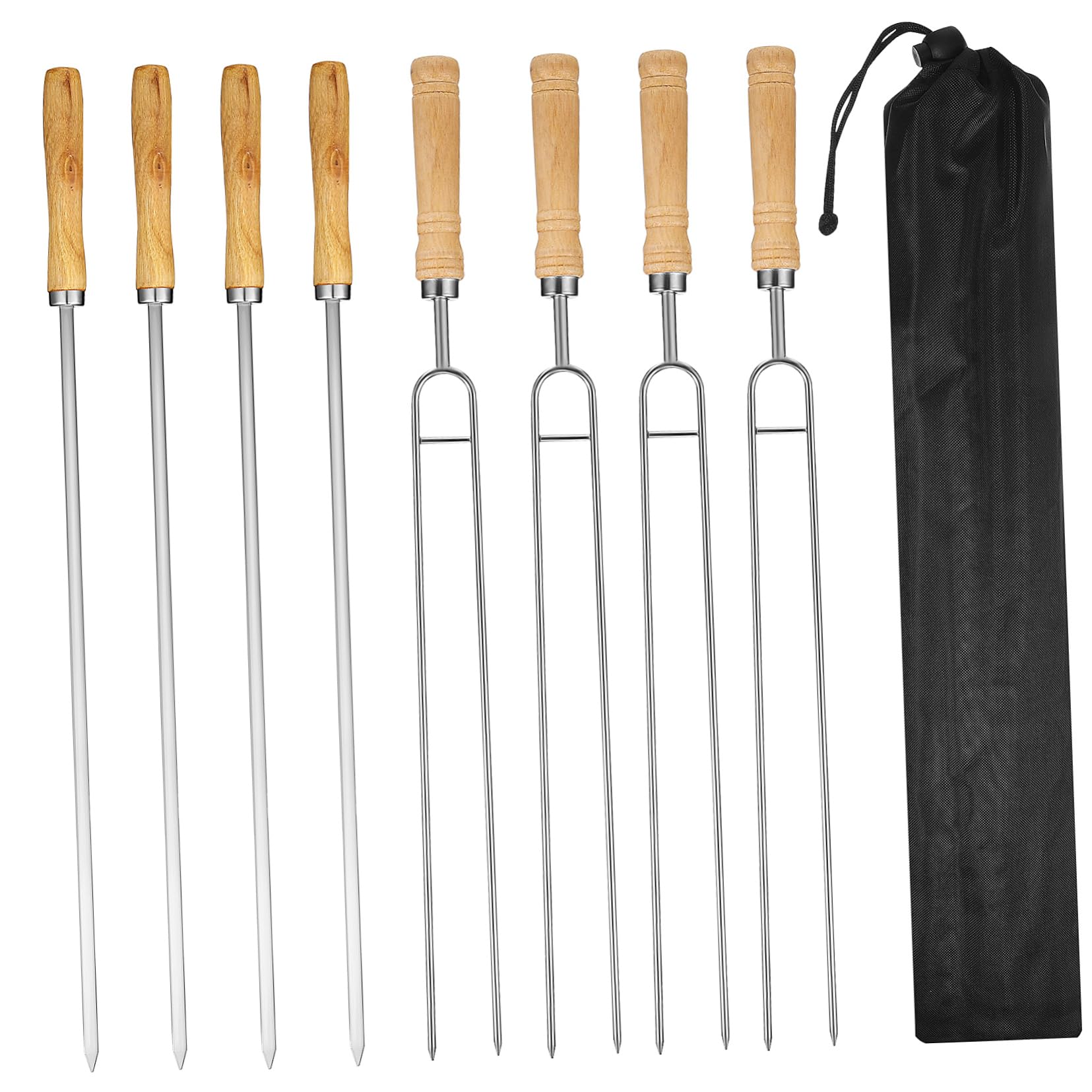 Ciieeo 8pezzi Spiedini Per Barbecue Acciaio Inossidabile Con Manico Legno Utensili Per Grigliare Doppio e Singolo Per Bbq Per Picnic e Campeggio Con Borsa Con Corda Per Conservazione