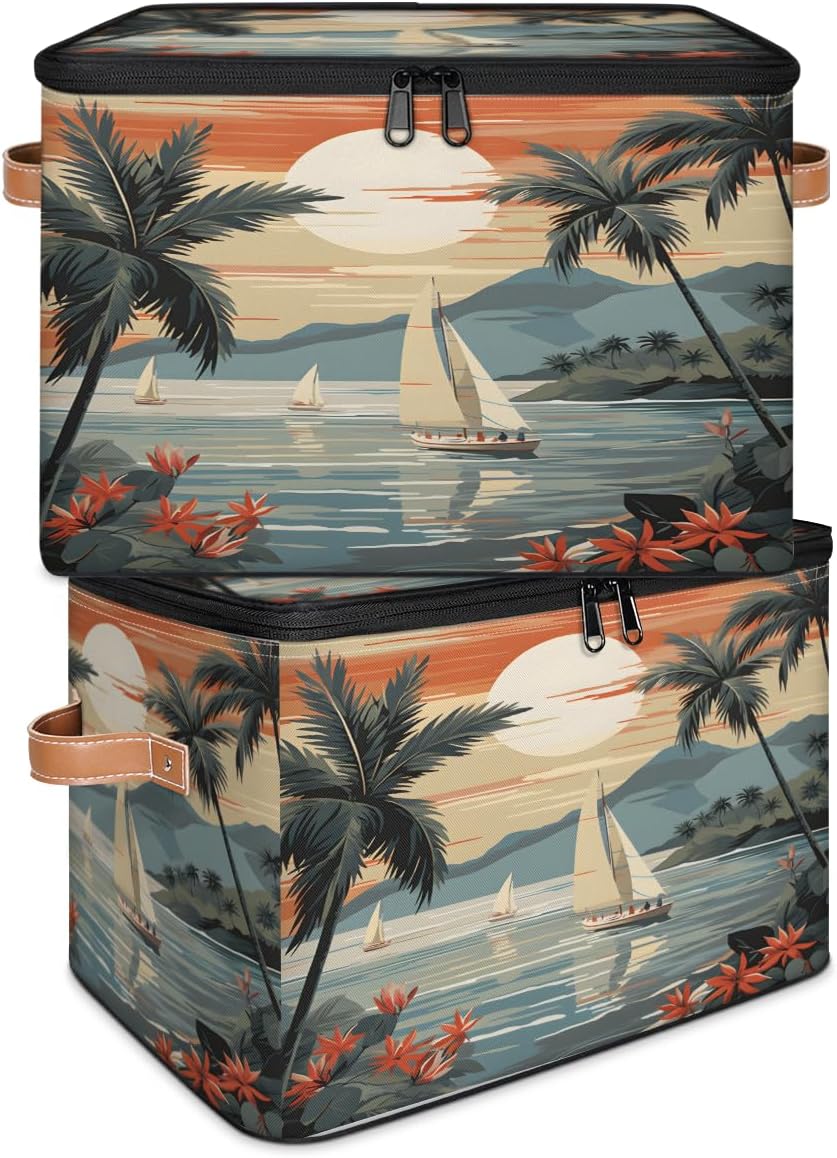 Storage Bin Set of 2 Summer Sea Sailboats Storage Basket with Zipper Lid & Handle Foldable Closet Shelf 2 Pack Cloth Organizer Basket Cube Bins Clothes Organizer for Bedroom, Nursery