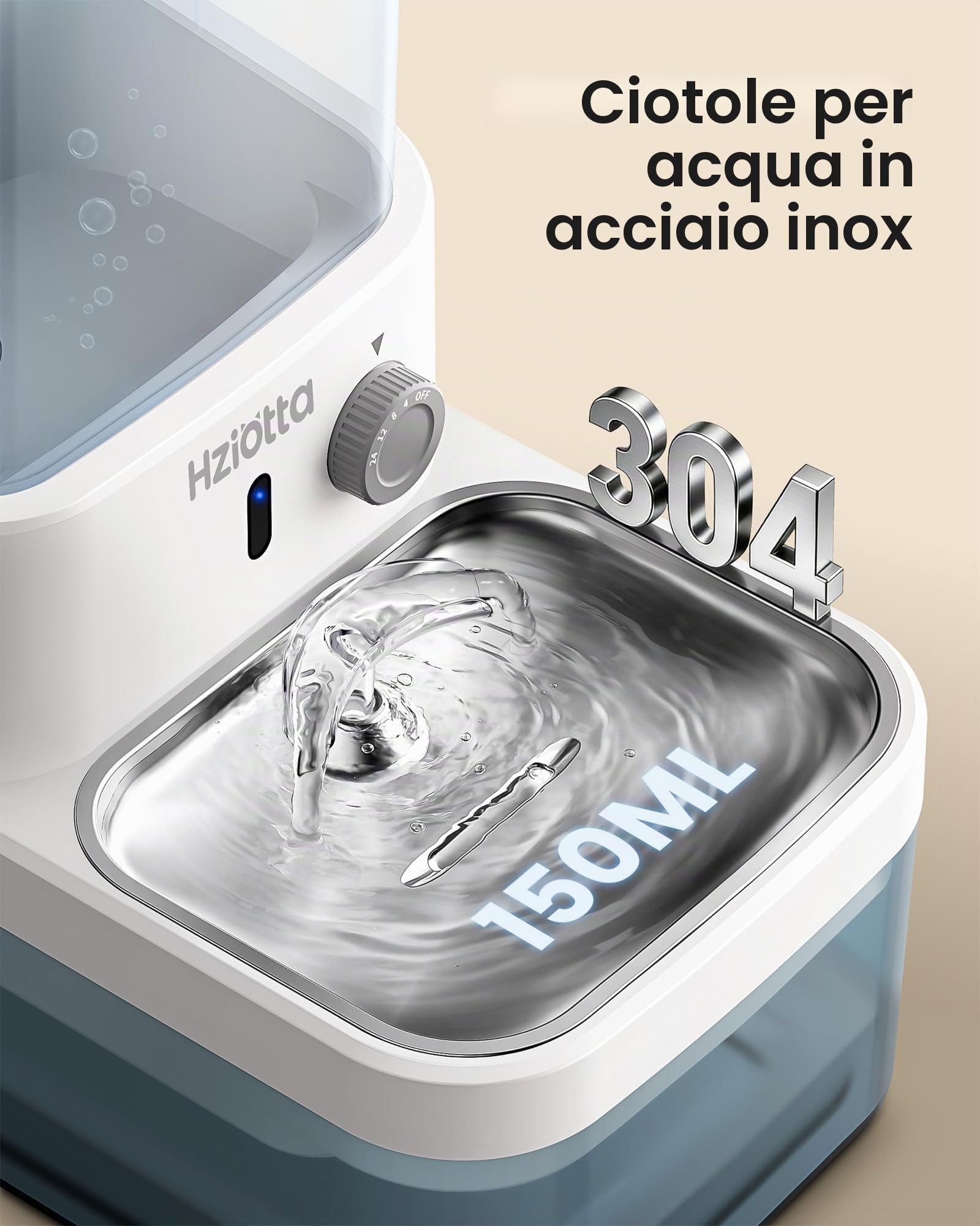 Fontanella per Gatti Senza Filtro Hziotta, 4000mAh 25+ Giorni, 3L Fresca & 2.7L di Scarico Separati, Ultra Silenziosa con Sensore Radar per Gatti e Cani