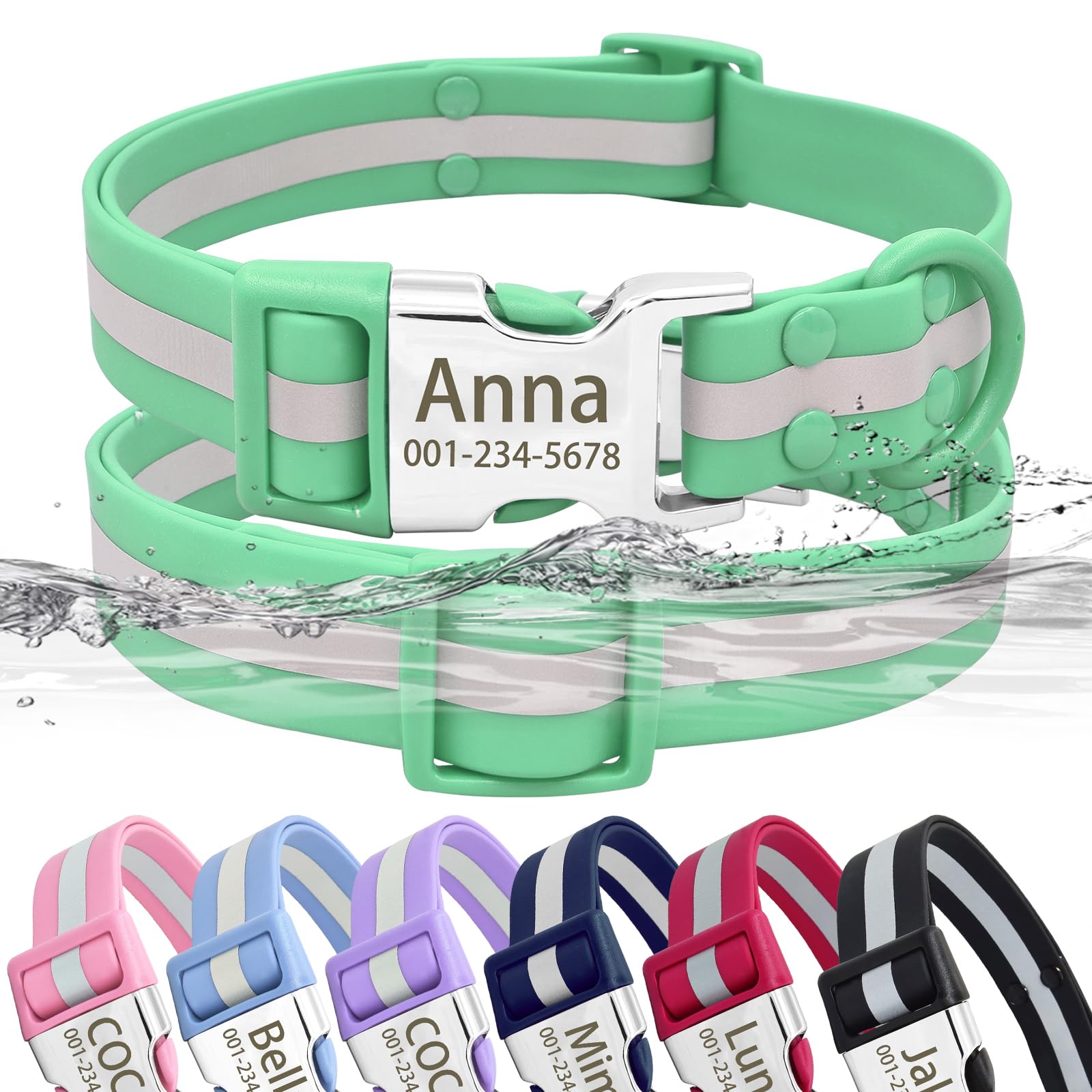 Senristar Personalised Waterproof & Reflective Dog Collar with Name Plate,Custom Easy Clean PVC Dog Collar with Buckle Engraved ID Name and Number (S(Width:3/5'', Fit 10.5''-16.5''),Green)