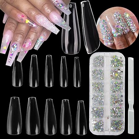 Amazon Com Loveourhome Acrylic Nail Art Kit 600pc Clear Long Coffin Nail Tips Full Cover Ballerina Artificial Fingernails False Fake Nails With Ab Rhinestone Beads Metal File Tools For Salon Home Nail