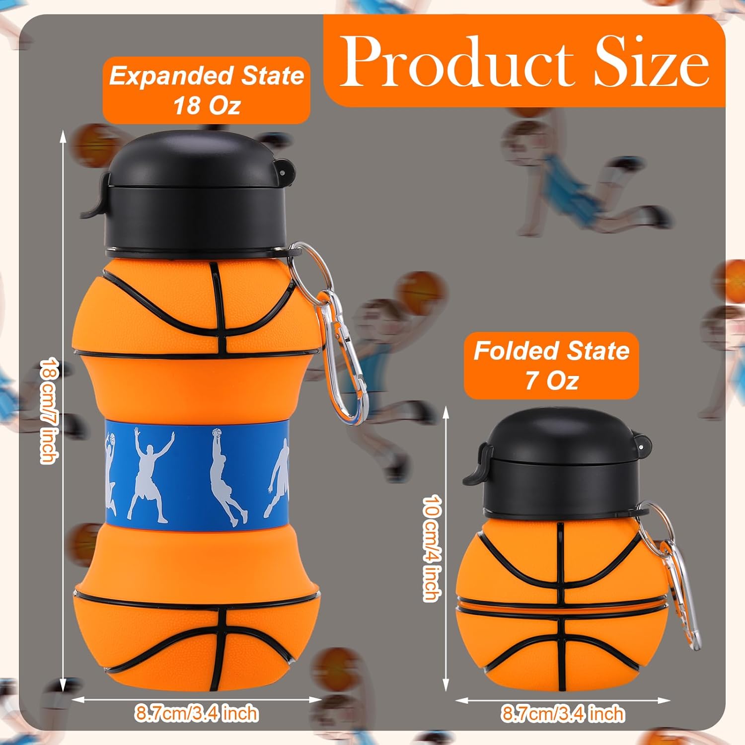 Layhit 8 Pcs Basketball Party Favors 18oz Collapsible Basketball Water Bottle for Kids Silicone Sport Water Cups for Players Lovers School Team Gifts Travel Sport Theme Party Accessories - Image 2